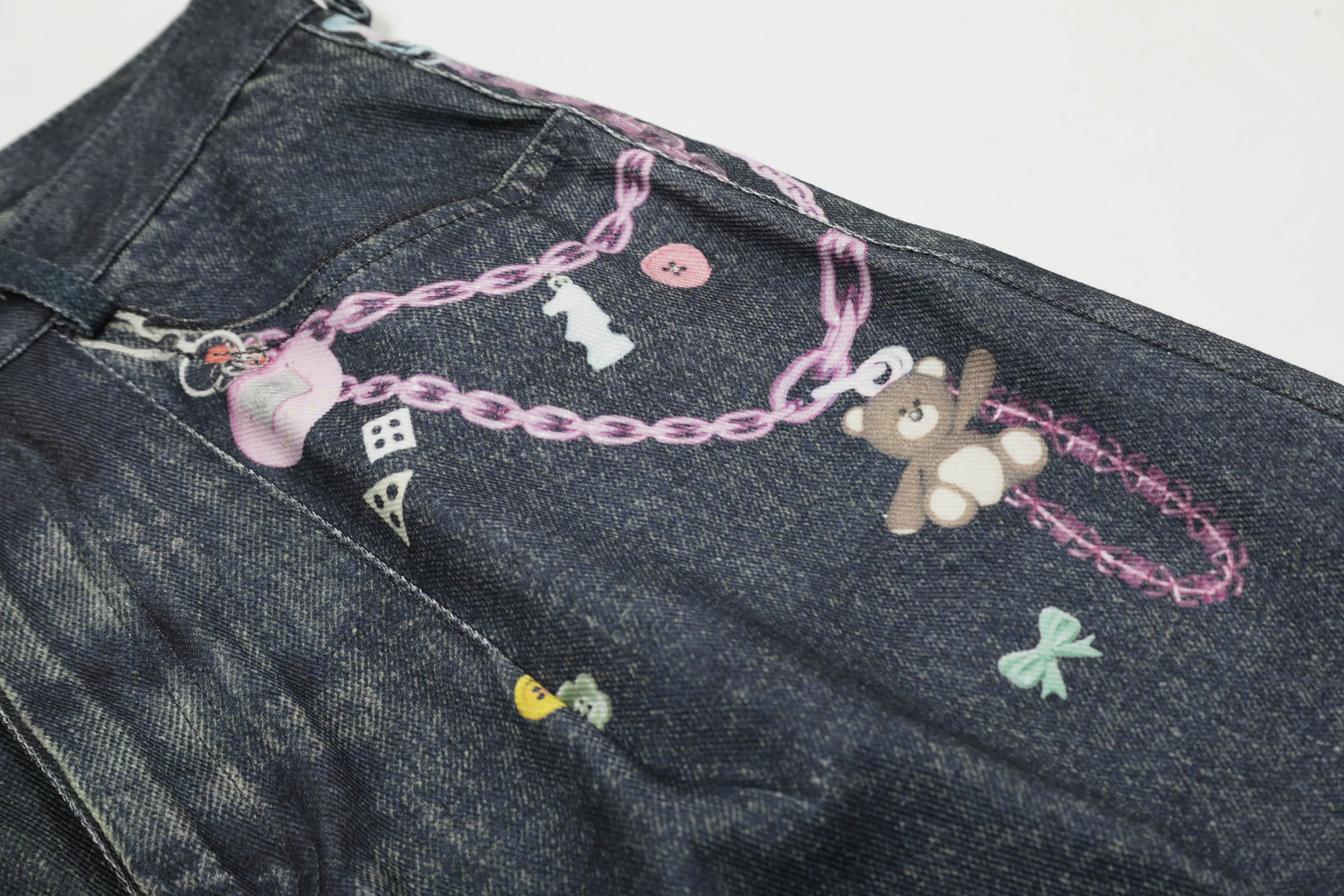 CLP Beaded Chain Graphics Wide-Leg Denim Shorts, premium urban and streetwear designers apparel on PROJECTISR.com, CLP