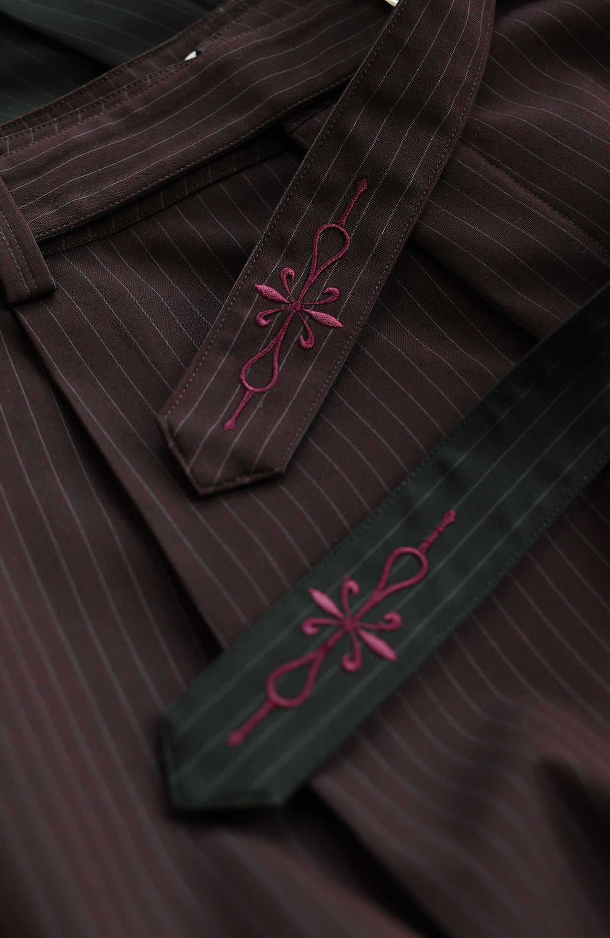 OKAYTHXBYE Striped Embroidered Belted Straight-Leg Trousers