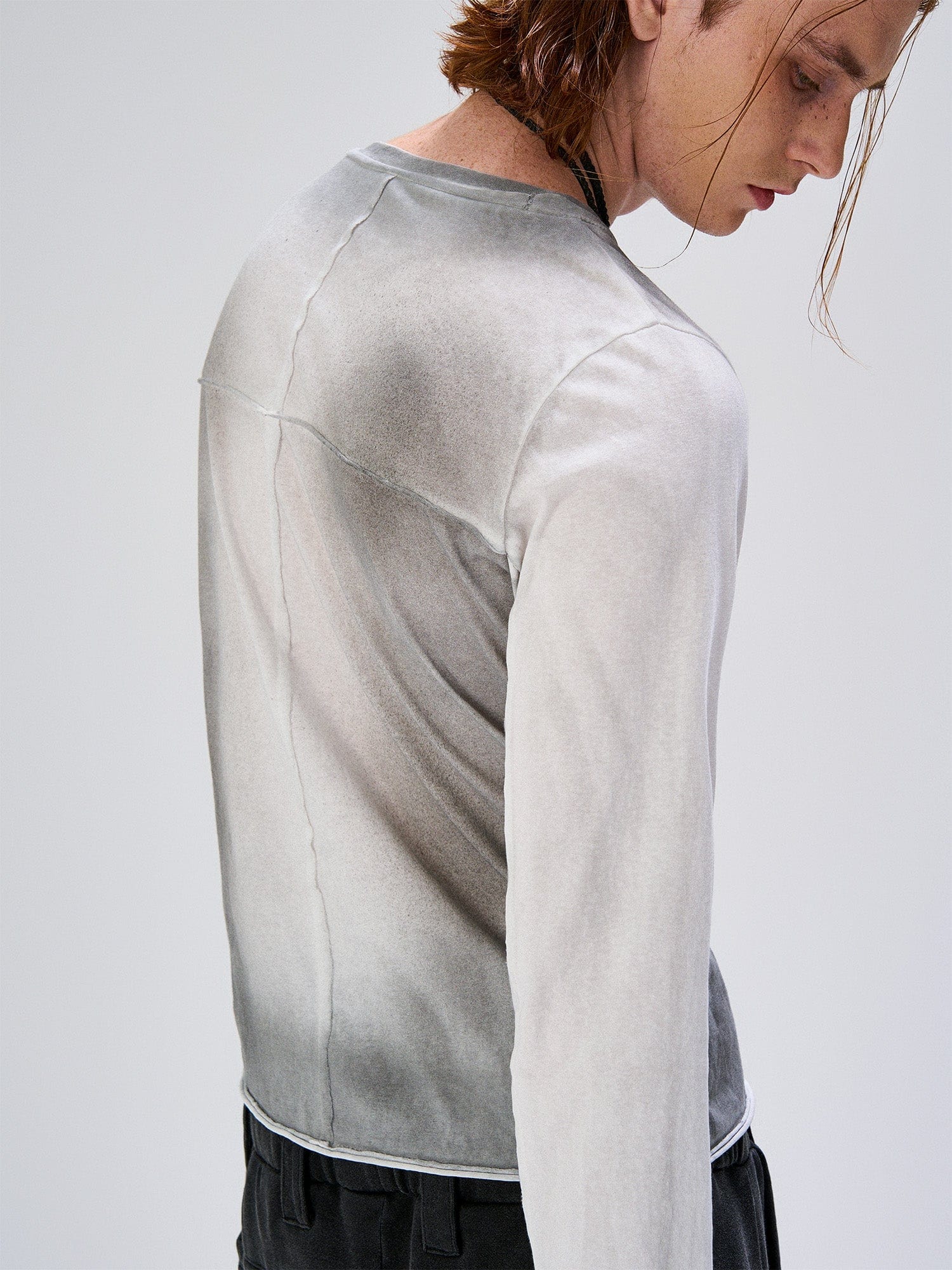 FLYERRER Washed Gradient Cross-Panel Raw-Edge Long-Sleeve Tee, premium urban and streetwear designers apparel on PROJECTISR.com, FLYERRER