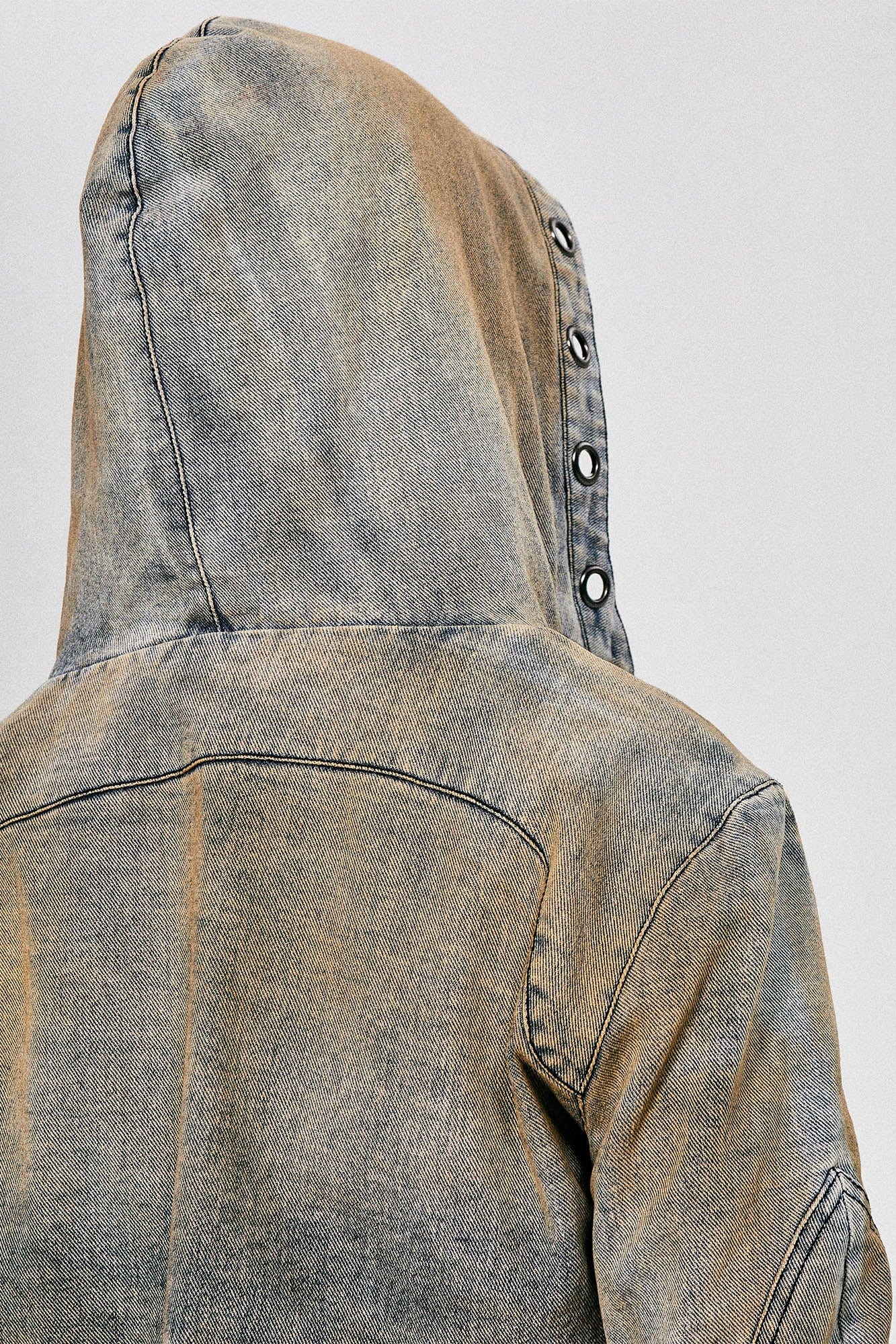 FLYERRER Distressed Spliced Studded Hooded Short Denim Jacket, premium urban and streetwear designers apparel on PROJECTISR.com, FLYERRER