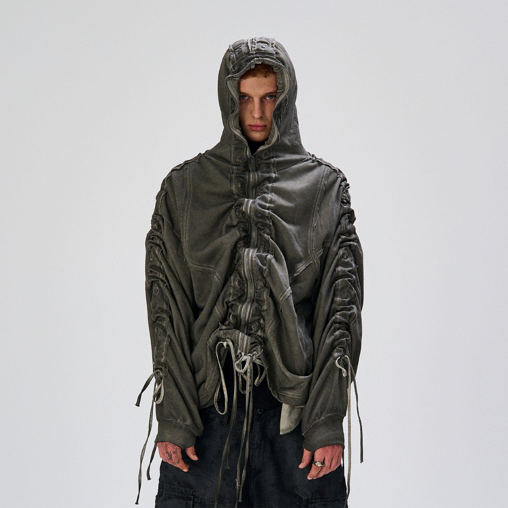 FLYERRER Distressed Drawstring Ruched Hooded Jacket, premium urban and streetwear designers apparel on PROJECTISR.com, FLYERRER
