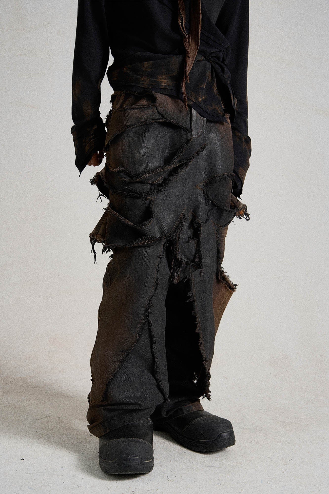 FLYERRER Heavily Distressed Asymmetrical Double-Layer Ripped Jeans, premium urban and streetwear designers apparel on PROJECTISR.com, FLYERRER