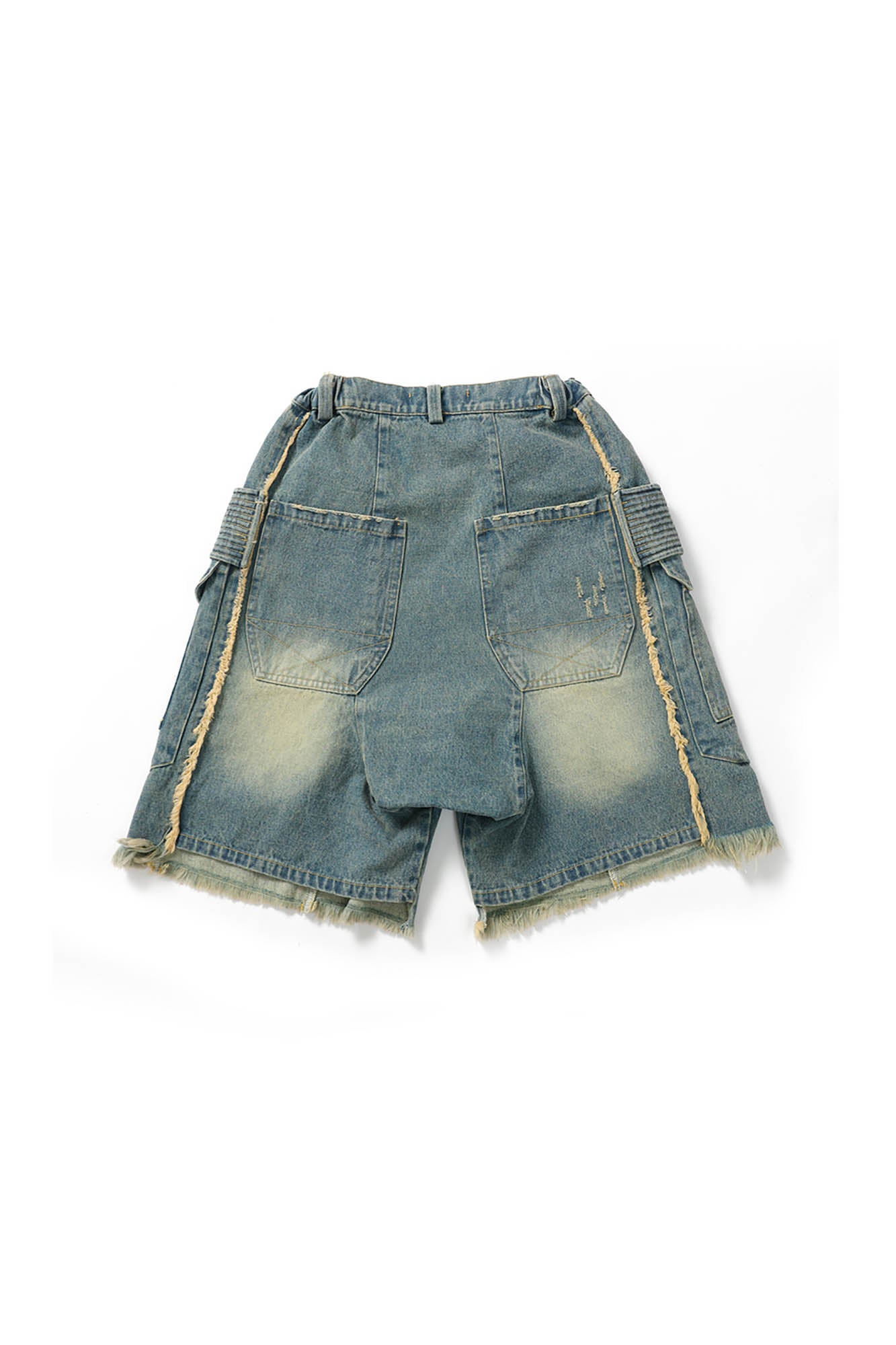 ERROR CODE ROBOT Washed Fringe Multi-Pocket Denim Shorts, premium urban and streetwear designers apparel on PROJECTISR.com, ERROR CODE ROBOT
