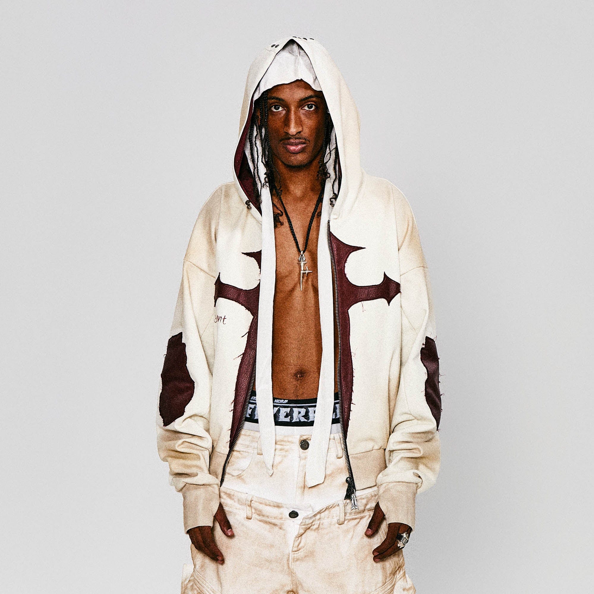 FLYERRER Distressed Cross Patch Studded Hooded Jacket, premium urban and streetwear designers apparel on PROJECTISR.com, FLYERRER