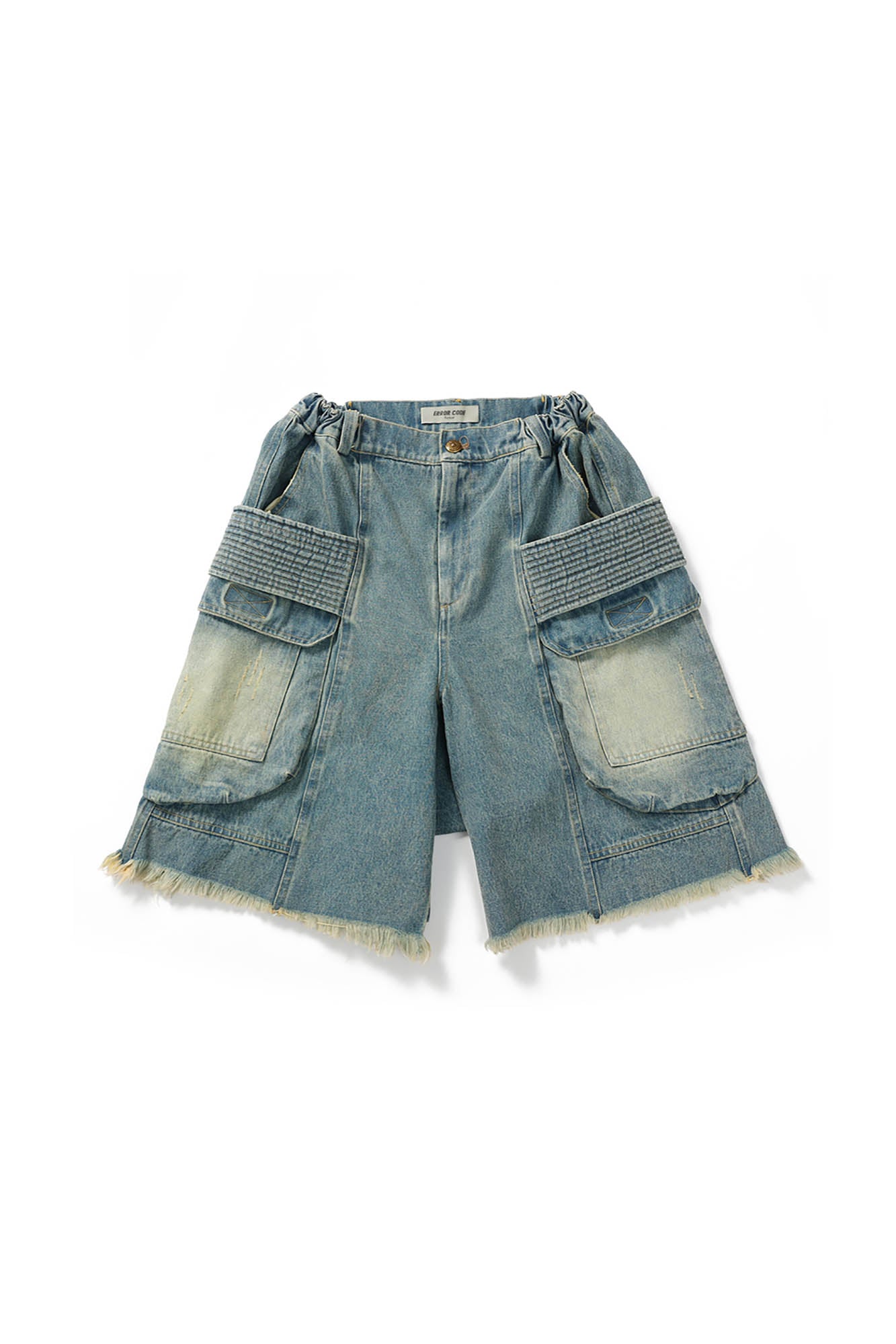 ERROR CODE ROBOT Washed Fringe Multi-Pocket Denim Shorts, premium urban and streetwear designers apparel on PROJECTISR.com, ERROR CODE ROBOT