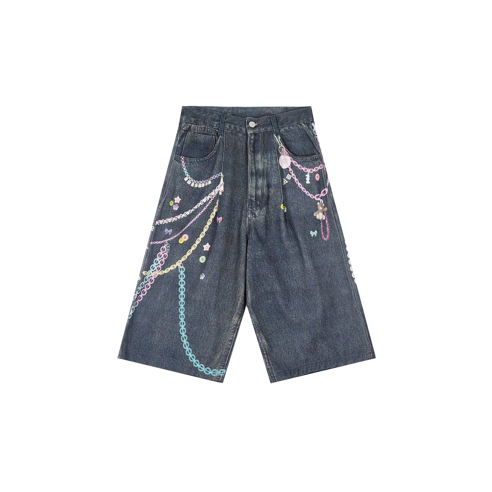 CLP Beaded Chain Graphics Wide-Leg Denim Shorts