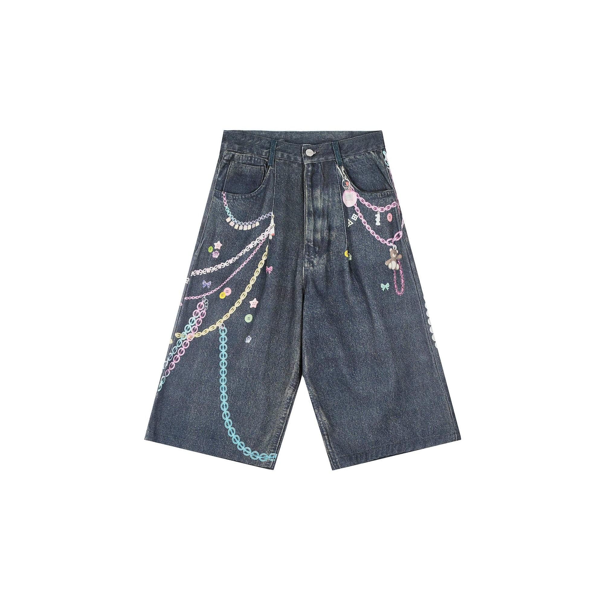 CLP Beaded Chain Graphics Wide-Leg Denim Shorts, premium urban and streetwear designers apparel on PROJECTISR.com, CLP