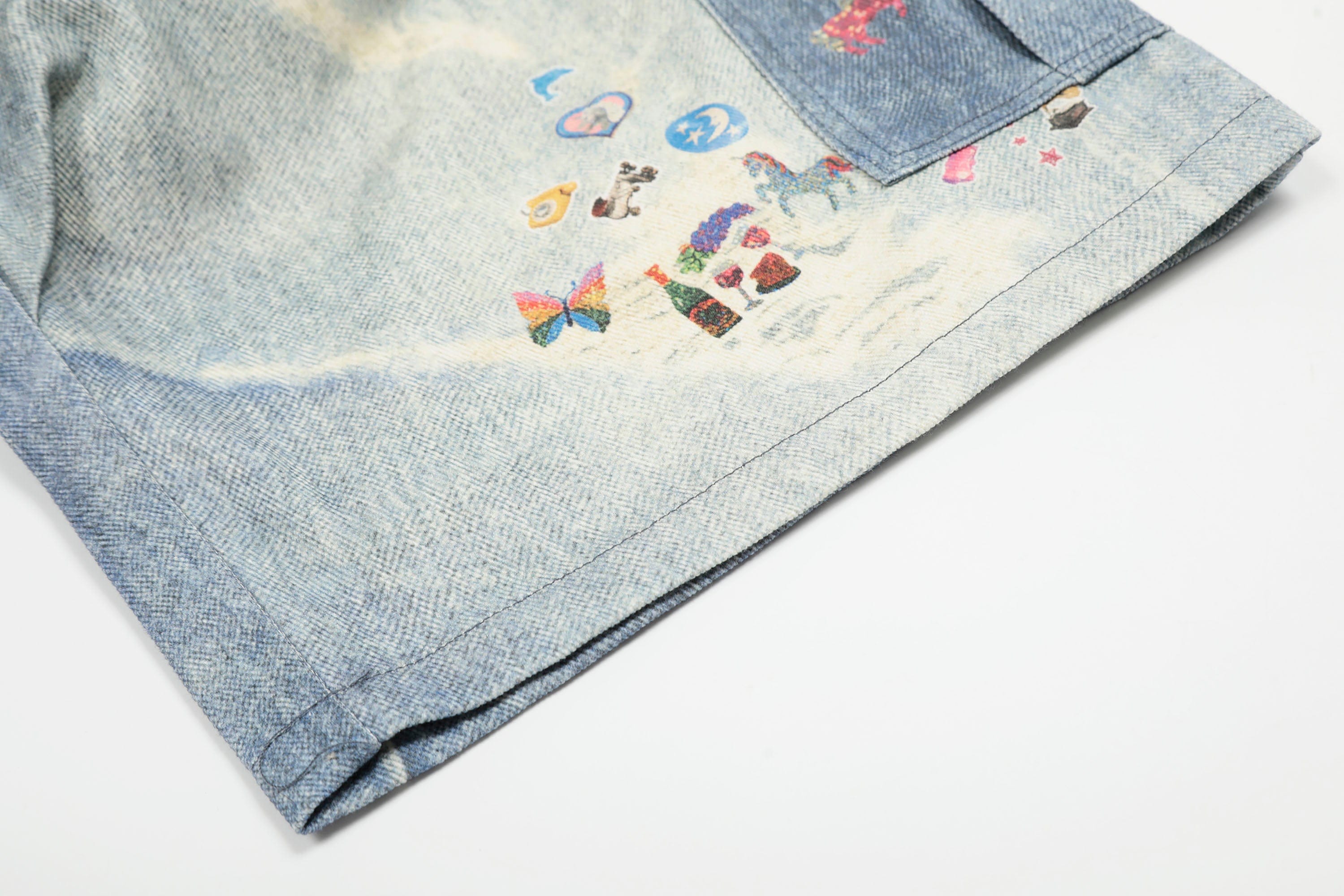 CLP Whimsical Distressed Stickers Cargo Denim Shorts, premium urban and streetwear designers apparel on PROJECTISR.com, CLP
