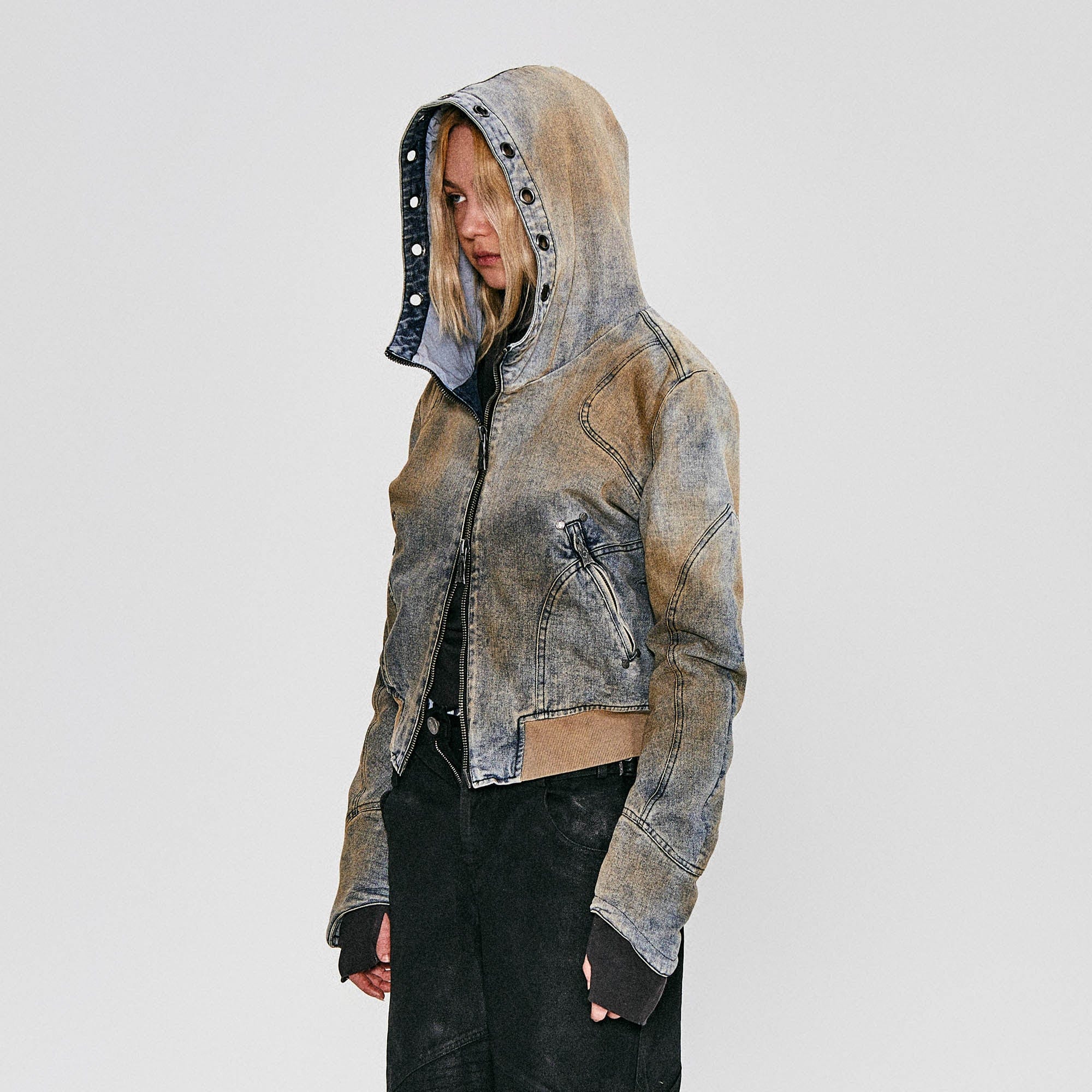 FLYERRER Distressed Spliced Studded Hooded Short Denim Jacket, premium urban and streetwear designers apparel on PROJECTISR.com, FLYERRER