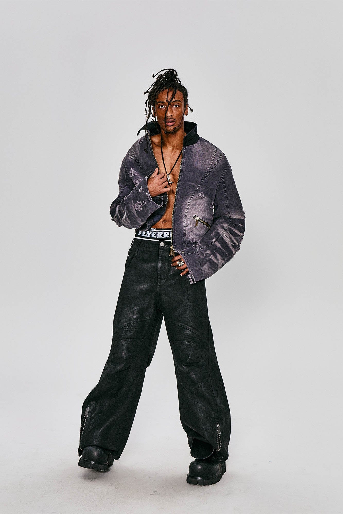 FLYERRER Distressed Curved Spliced Jacket Grey, premium urban and streetwear designers apparel on PROJECTISR.com, FLYERRER
