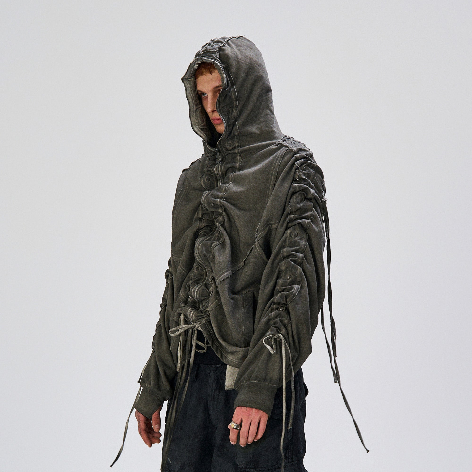 FLYERRER Distressed Drawstring Ruched Hooded Jacket, premium urban and streetwear designers apparel on PROJECTISR.com, FLYERRER