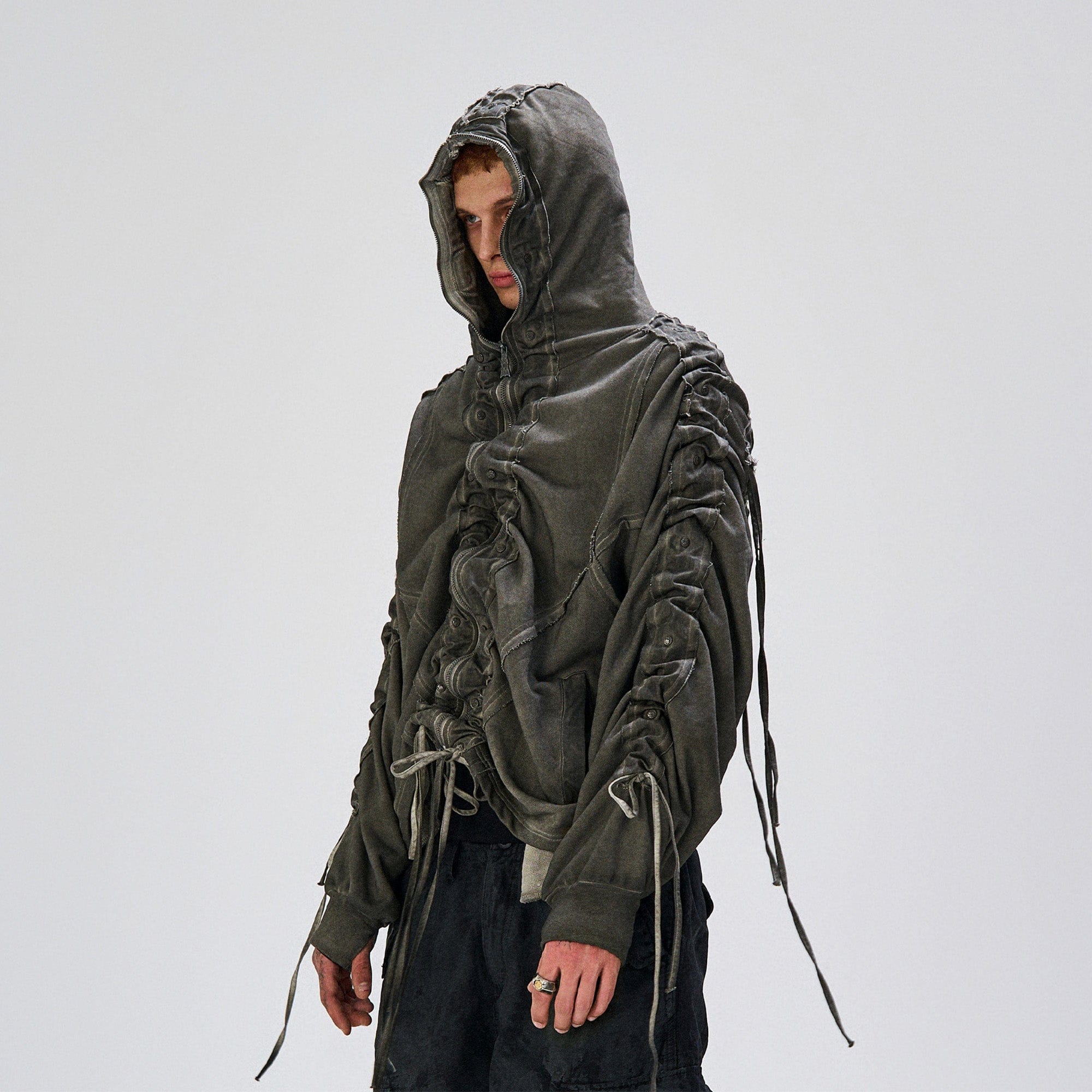 FLYERRER Distressed Drawstring Ruched Hooded Jacket, premium urban and streetwear designers apparel on PROJECTISR.com, FLYERRER