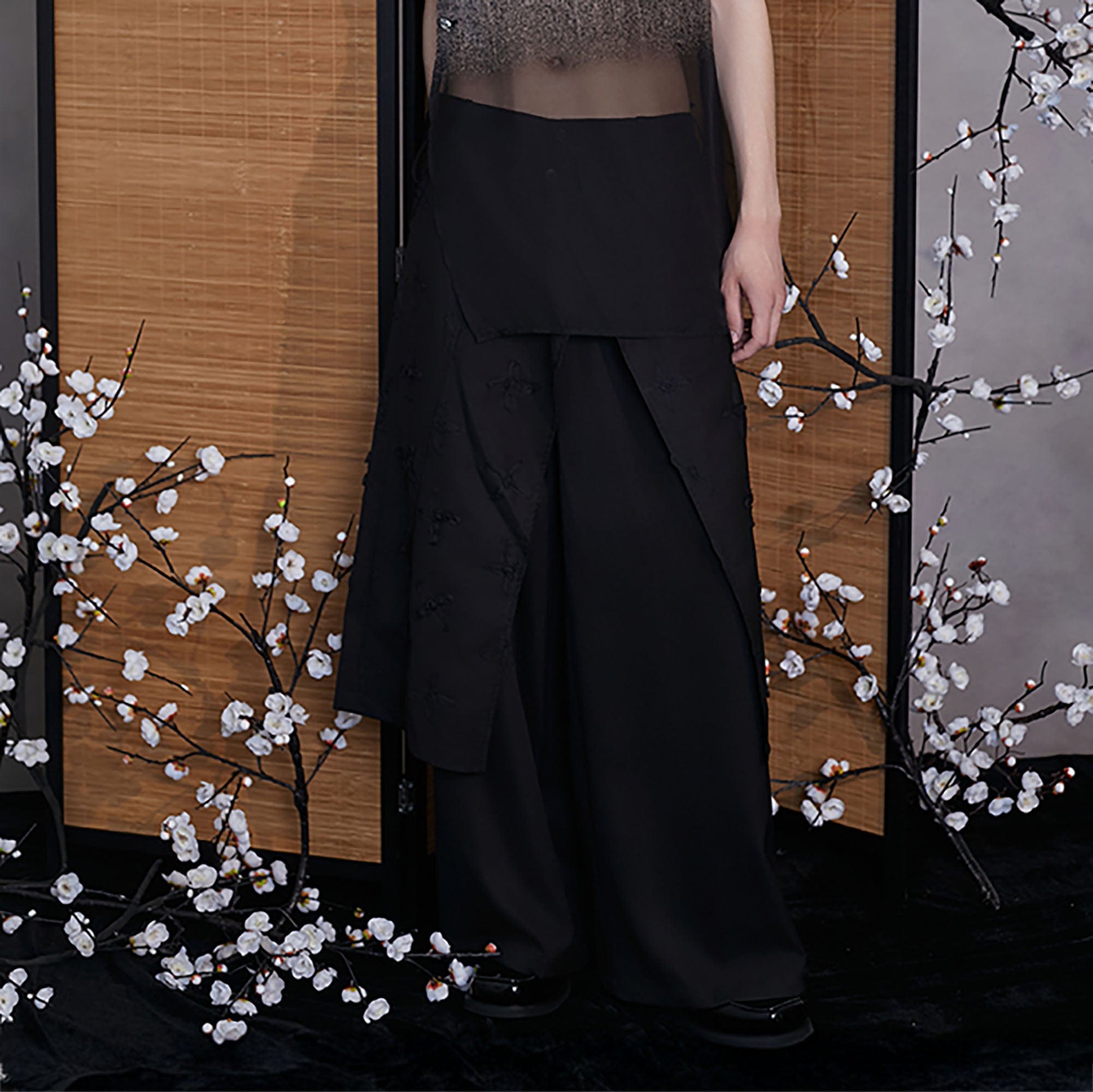 JIECHI Asymmetrical Bow Embroidery Slit Skort, premium urban and streetwear designers apparel on PROJECTISR.com, JIECHI