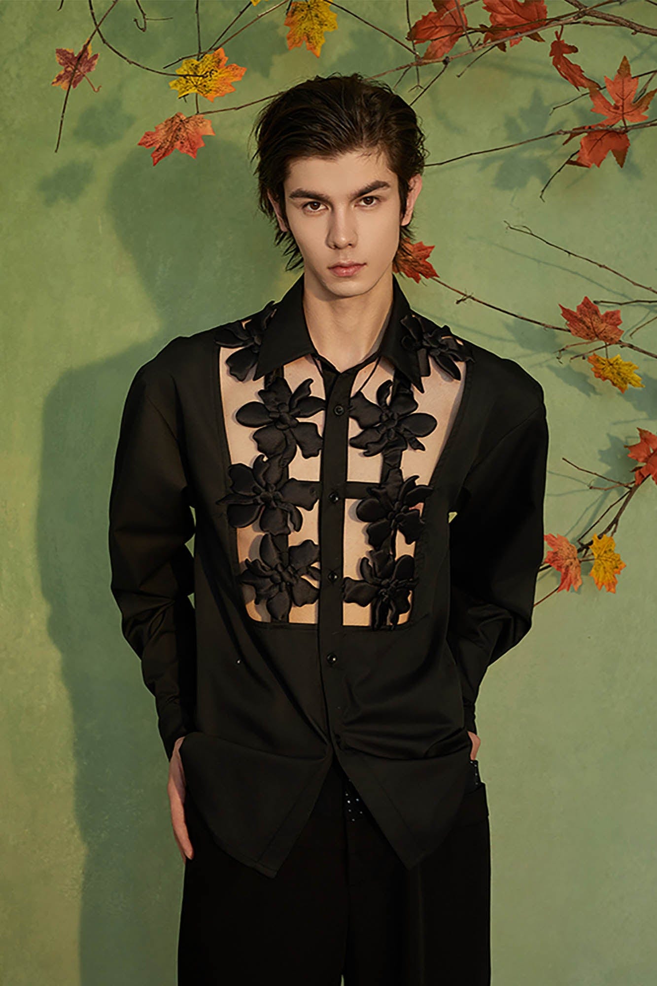 JIECHI Midnight Lily Cut-Out Shirt, premium urban and streetwear designers apparel on PROJECTISR.com, JIECHI