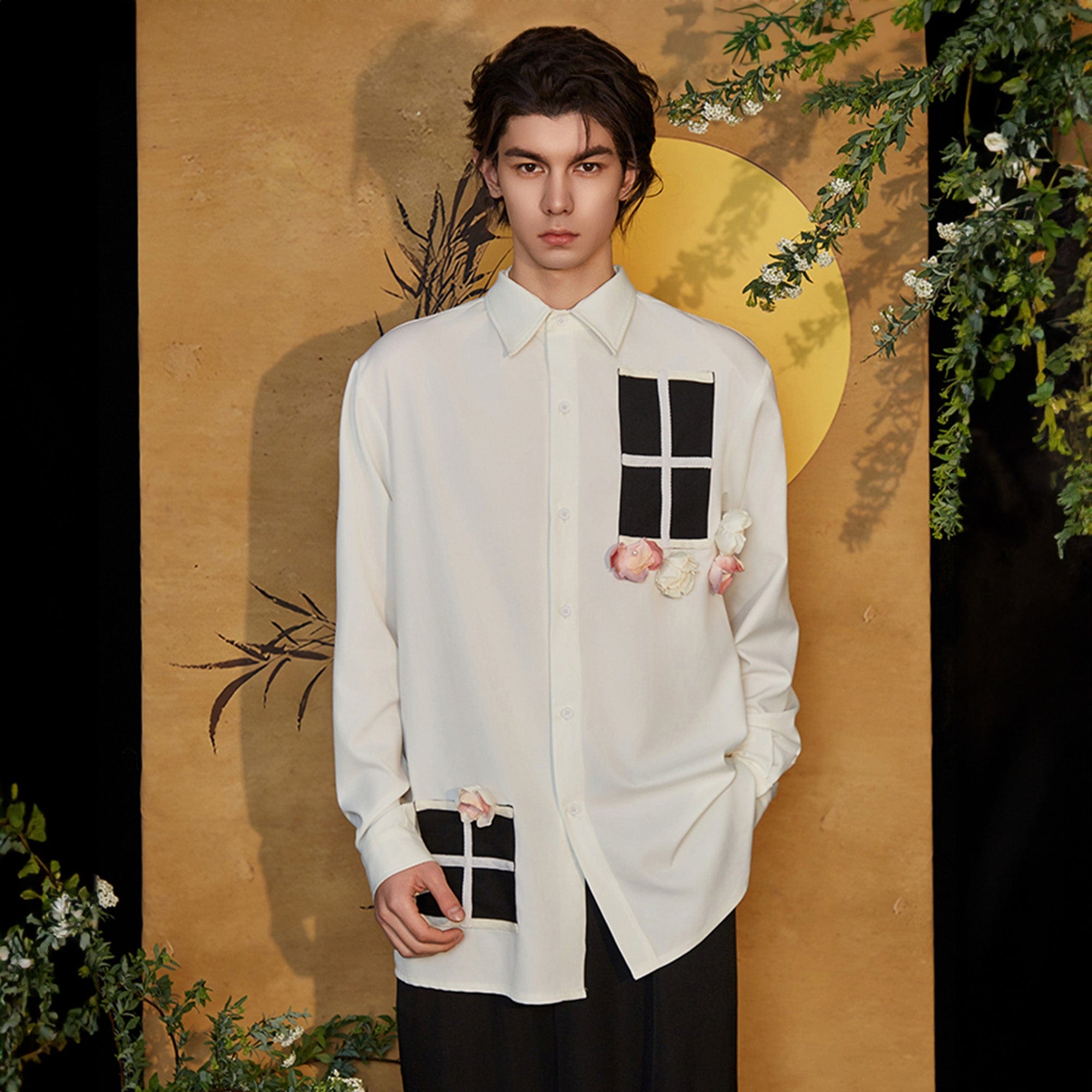 JIECHI Contrast Panel Floral Satin Shirt, premium urban and streetwear designers apparel on PROJECTISR.com, JIECHI