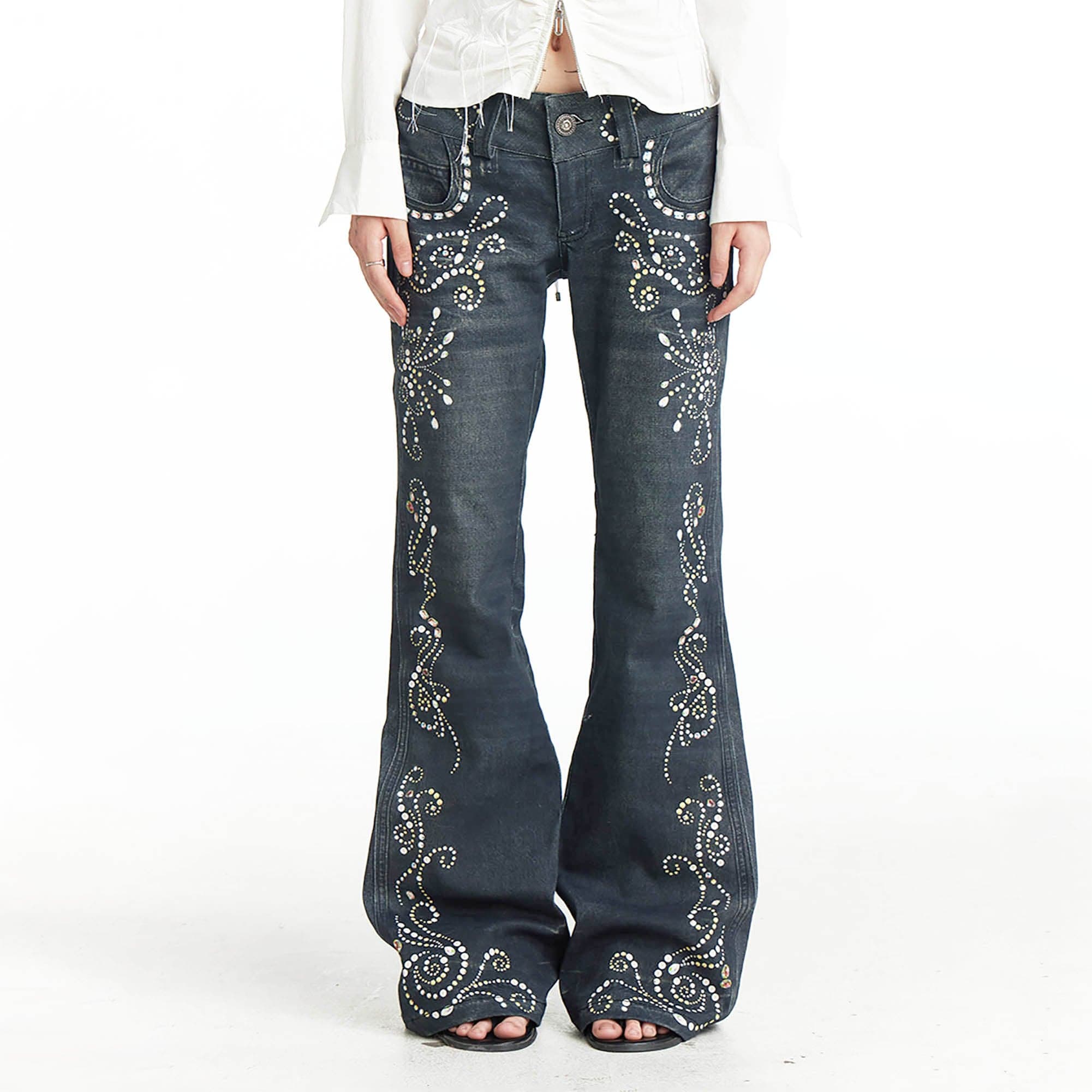 DND4DES Retro Gemstone Graphics Flared Jeans, premium urban and streetwear designers apparel on PROJECTISR.com, DND4DES