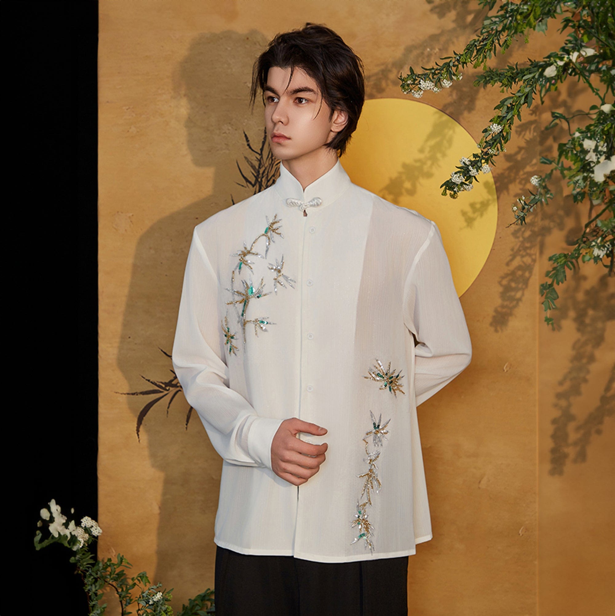 JIECHI Embroidered Bamboo Sheer Flowing Shirt, premium urban and streetwear designers apparel on PROJECTISR.com, JIECHI