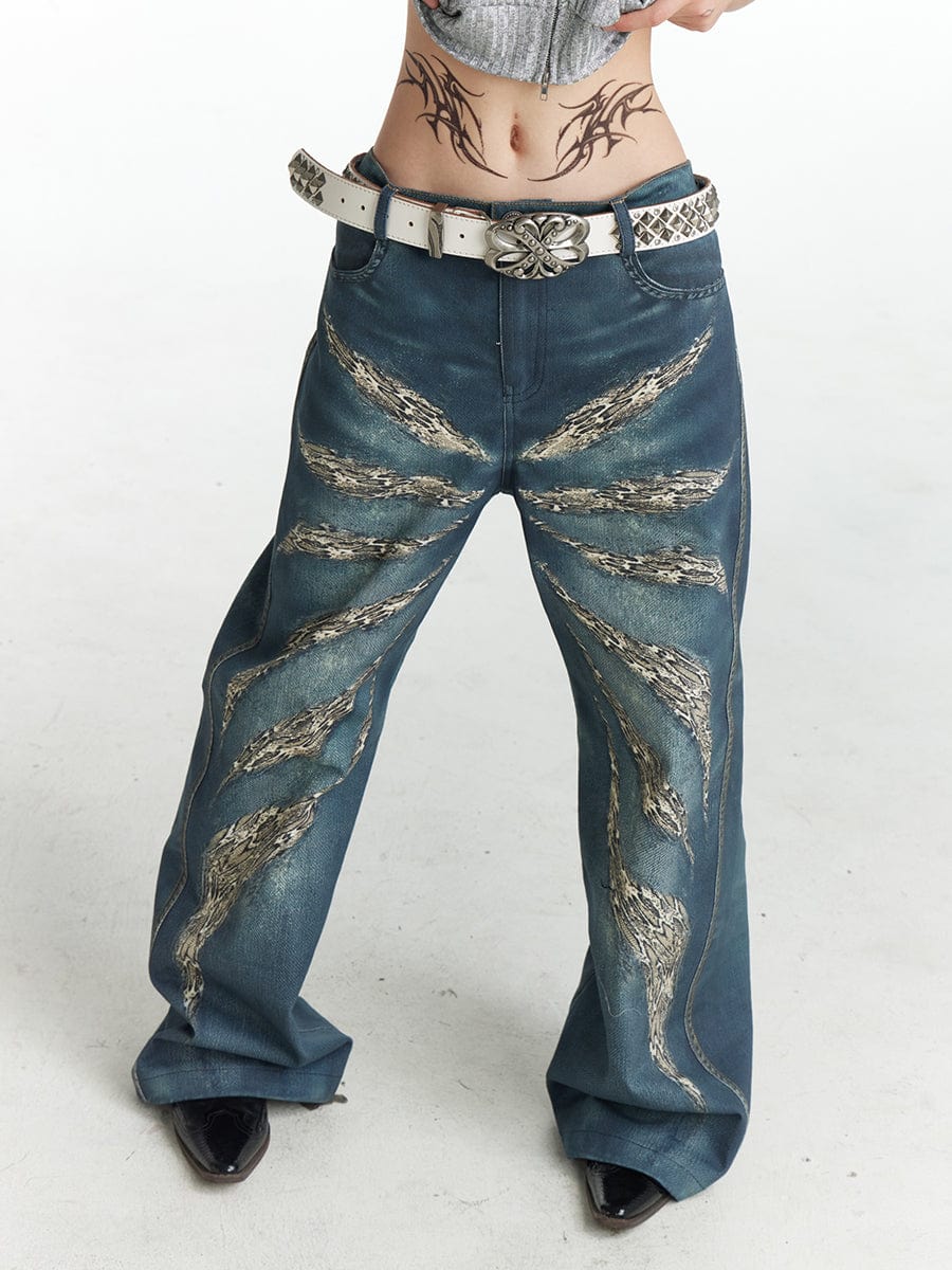 DND4DES Leopard Wings Embroidered Wide-Leg Jeans, premium urban and streetwear designers apparel on PROJECTISR.com, DND4DES