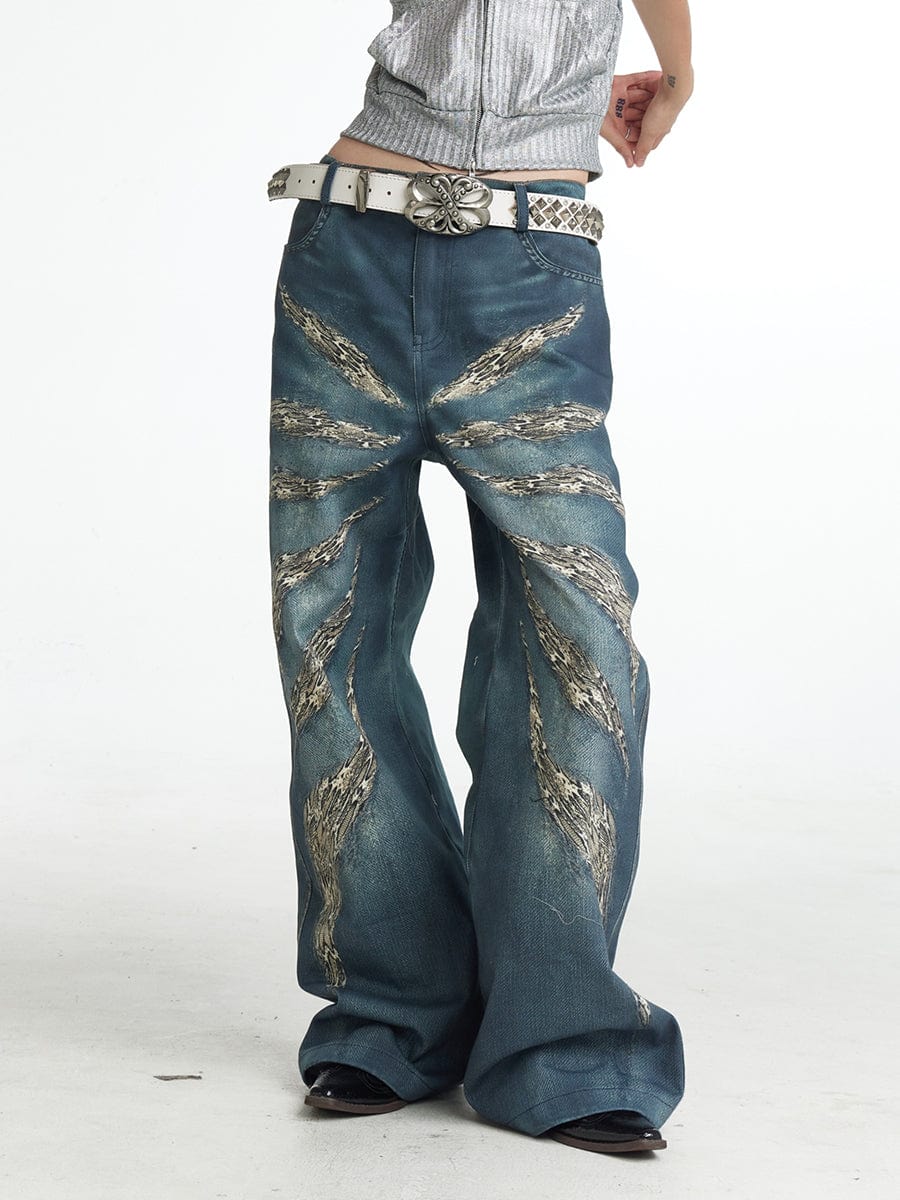 DND4DES Leopard Wings Embroidered Wide-Leg Jeans, premium urban and streetwear designers apparel on PROJECTISR.com, DND4DES