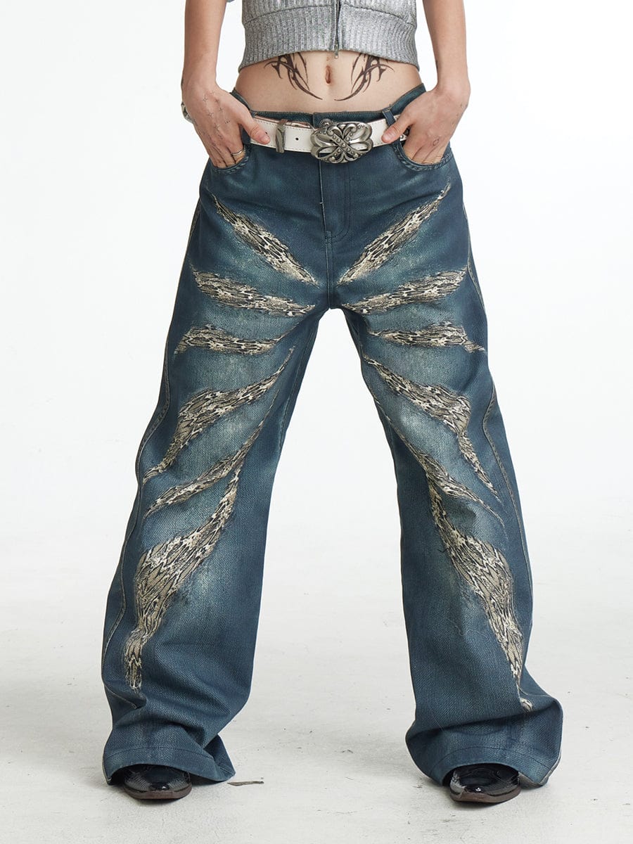 DND4DES Leopard Wings Embroidered Wide-Leg Jeans, premium urban and streetwear designers apparel on PROJECTISR.com, DND4DES