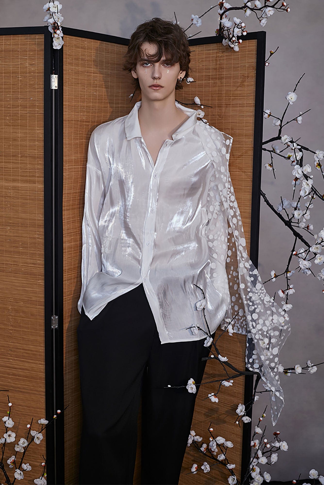 JIECHI Dots Tulle Drape Iridescent Shirt, premium urban and streetwear designers apparel on PROJECTISR.com, JIECHI