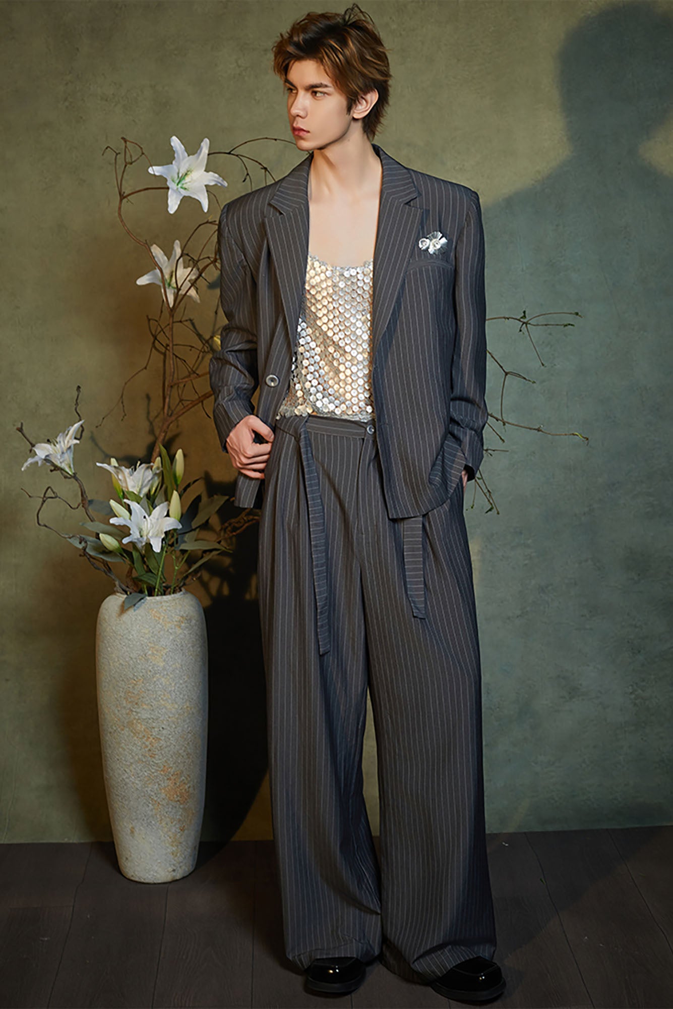 JIECHI Pinstriped Pleats Straight-Leg Trousers, premium urban and streetwear designers apparel on PROJECTISR.com, JIECHI