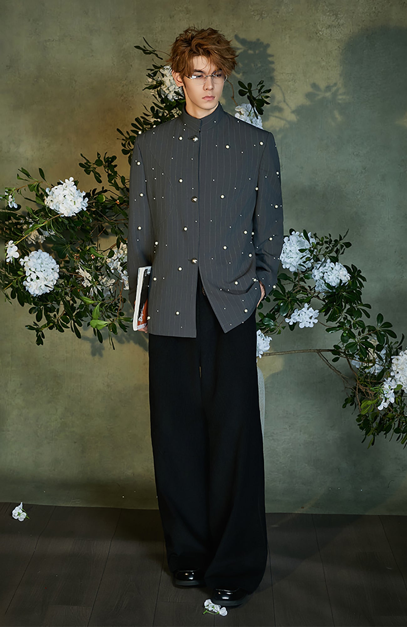 JIECHI Woven Belted Pleated Wide-Leg Suit Pants