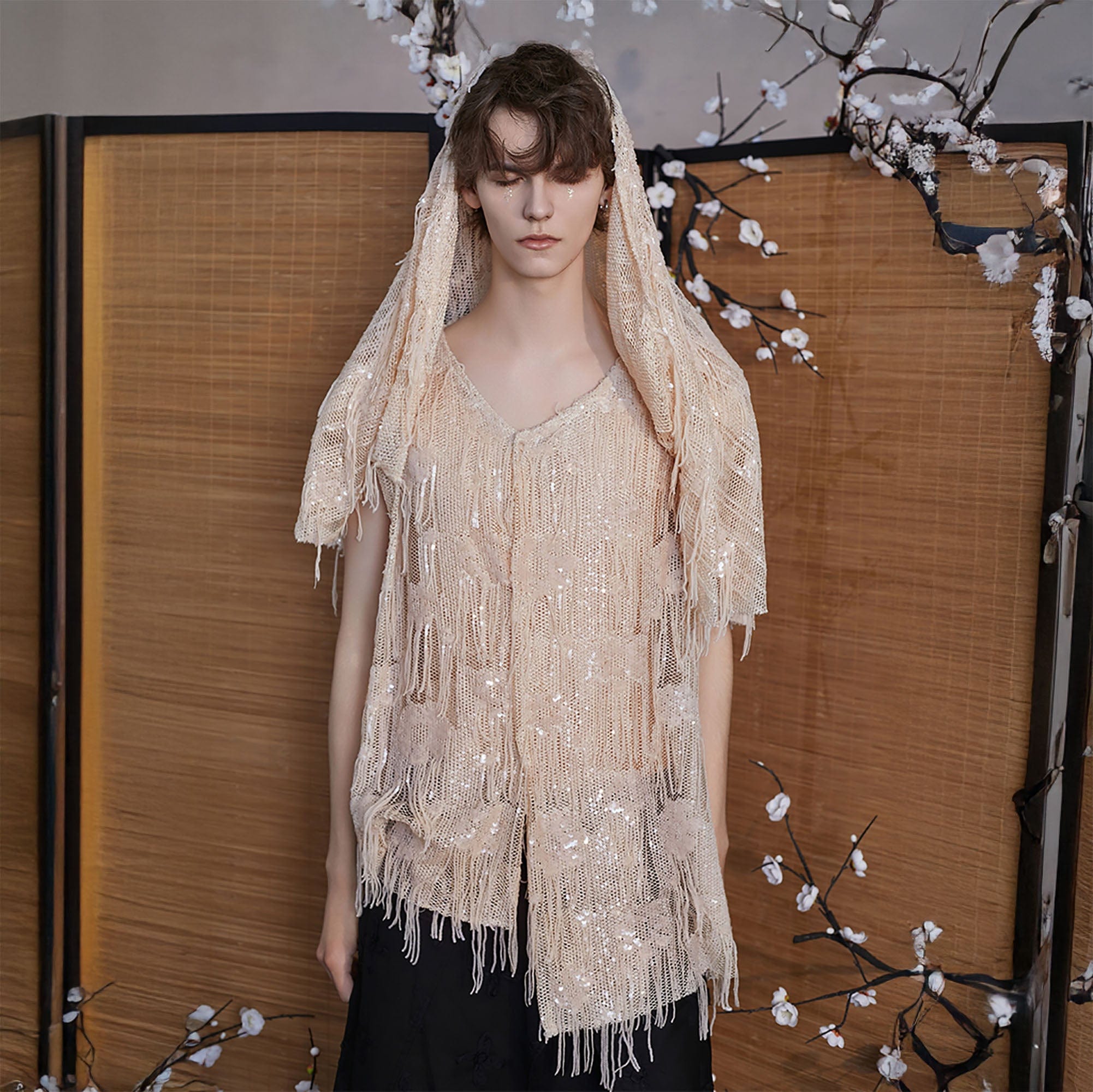 JIECHI Fringed Sequin Embroidered Hooded Poncho, premium urban and streetwear designers apparel on PROJECTISR.com, JIECHI