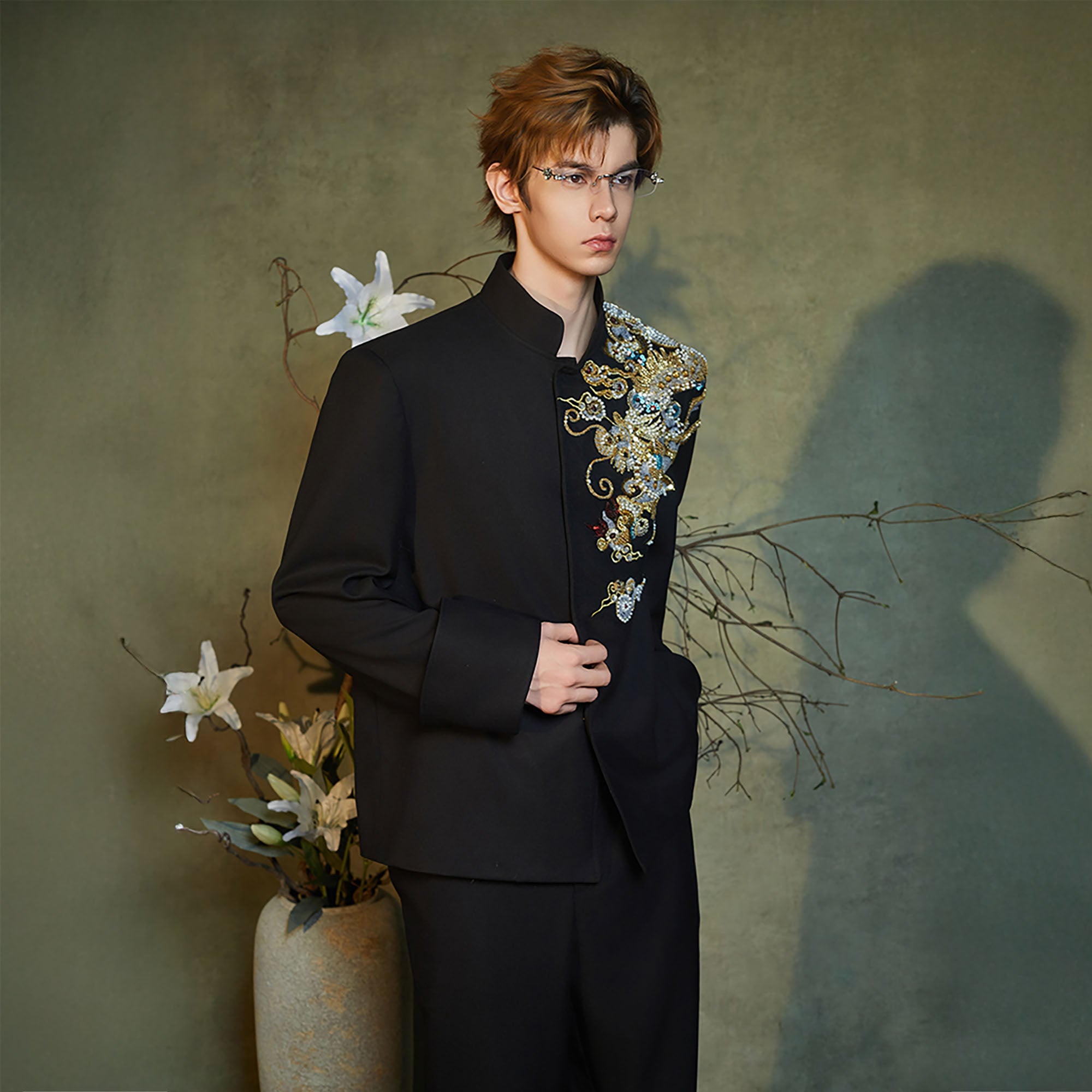 JIECHI Dragon Beaded Mandarin Collar Blazer, premium urban and streetwear designers apparel on PROJECTISR.com, JIECHI