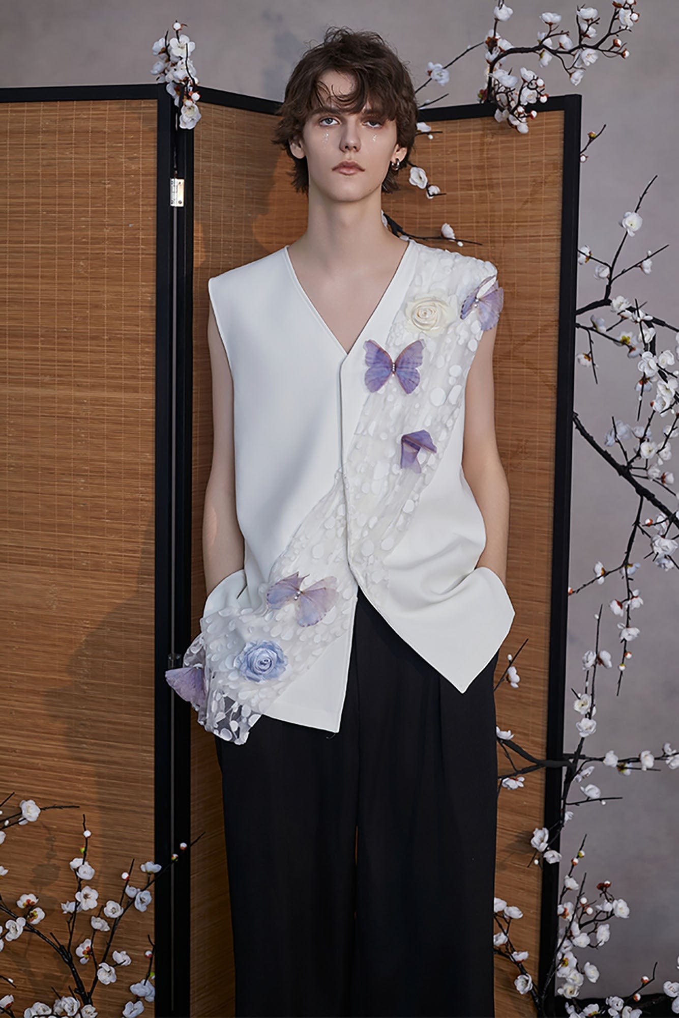 JIECHI Butterfly&Floral Asymmetrical Sheer V-Neck Vest, premium urban and streetwear designers apparel on PROJECTISR.com, JIECHI