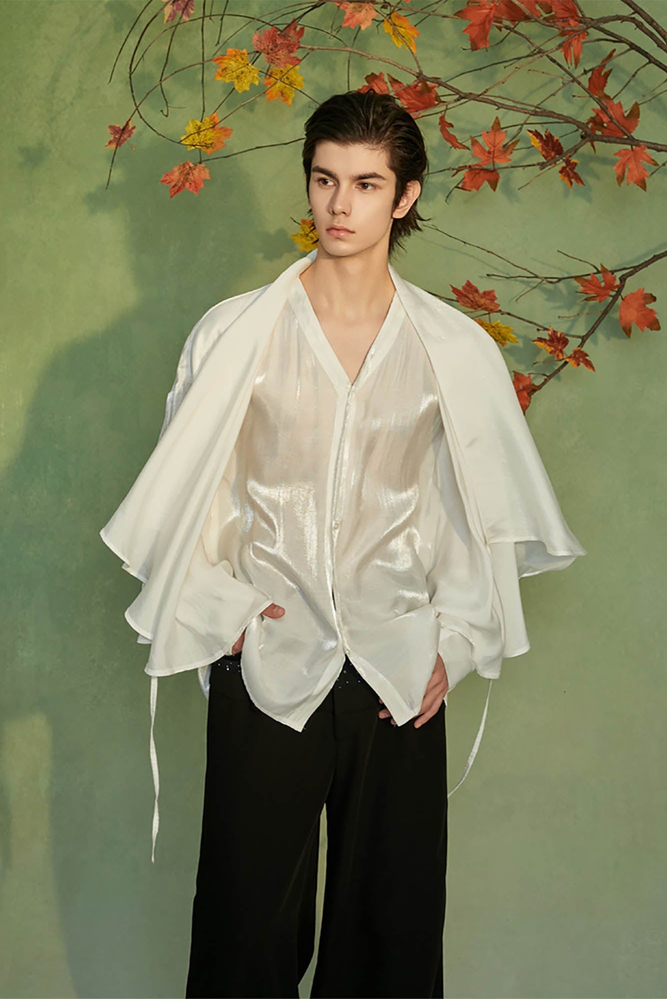 JIECHI Draped Cape Satin Shirt, premium urban and streetwear designers apparel on PROJECTISR.com, JIECHI