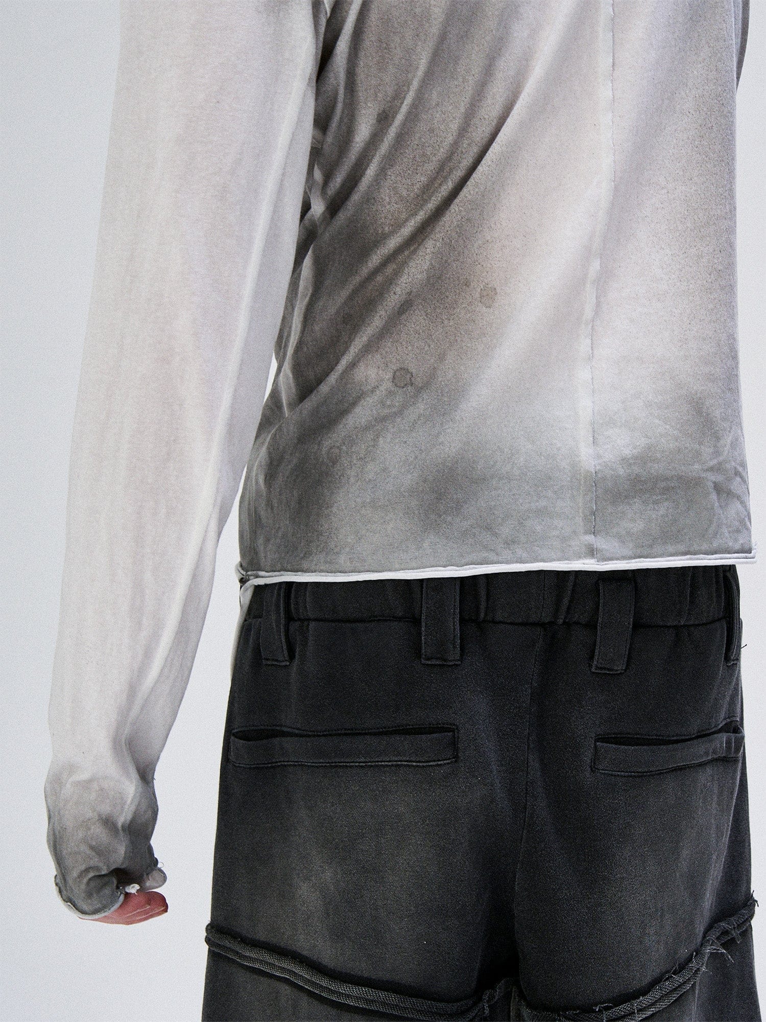 FLYERRER Washed Gradient Cross-Panel Raw-Edge Long-Sleeve Tee, premium urban and streetwear designers apparel on PROJECTISR.com, FLYERRER