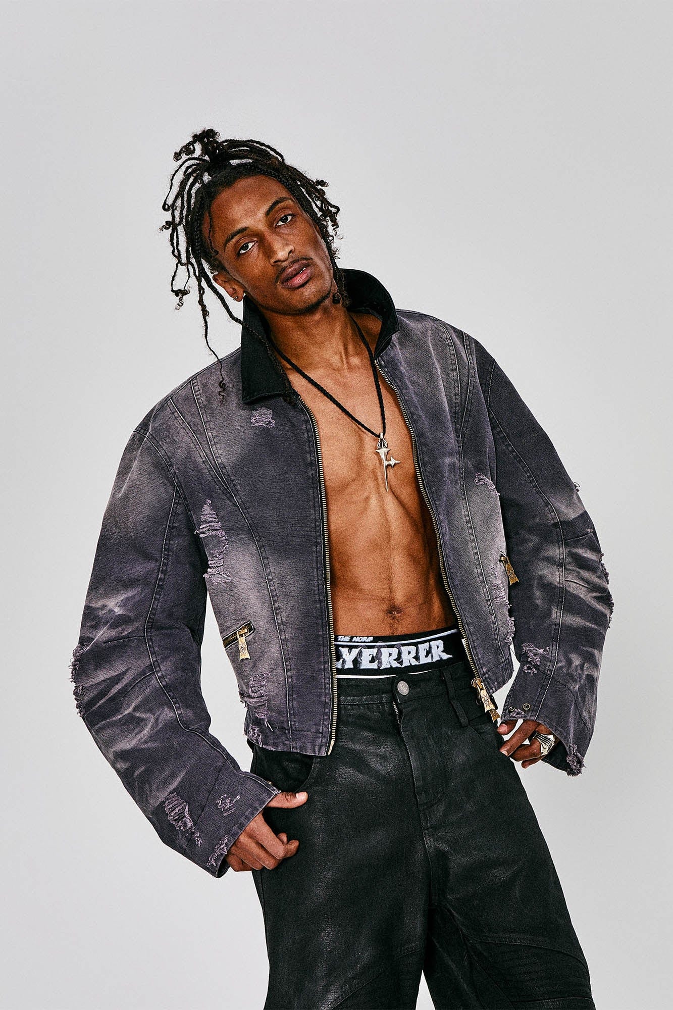 FLYERRER Distressed Curved Spliced Jacket Grey, premium urban and streetwear designers apparel on PROJECTISR.com, FLYERRER