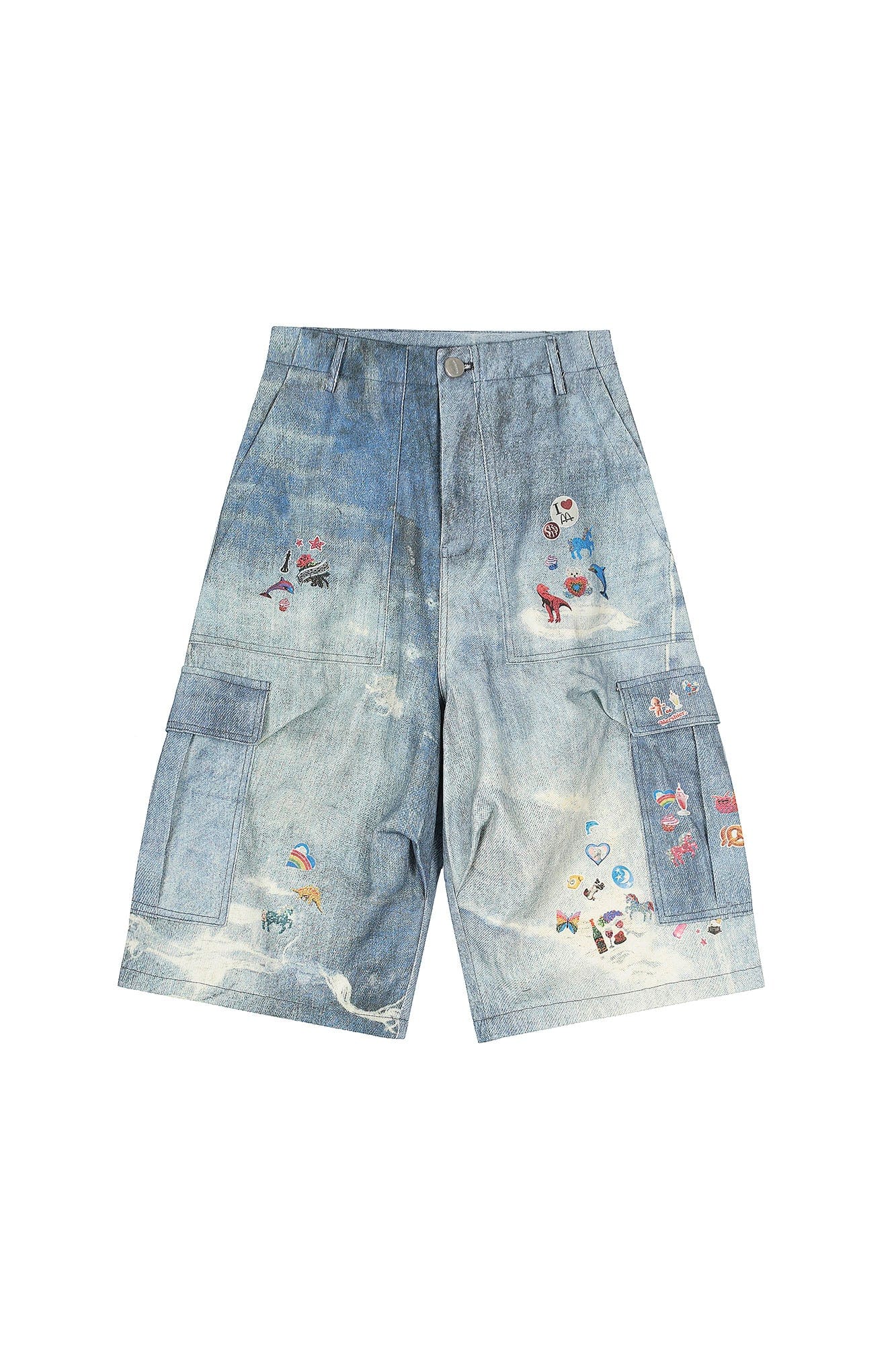 CLP Whimsical Distressed Stickers Cargo Denim Shorts, premium urban and streetwear designers apparel on PROJECTISR.com, CLP
