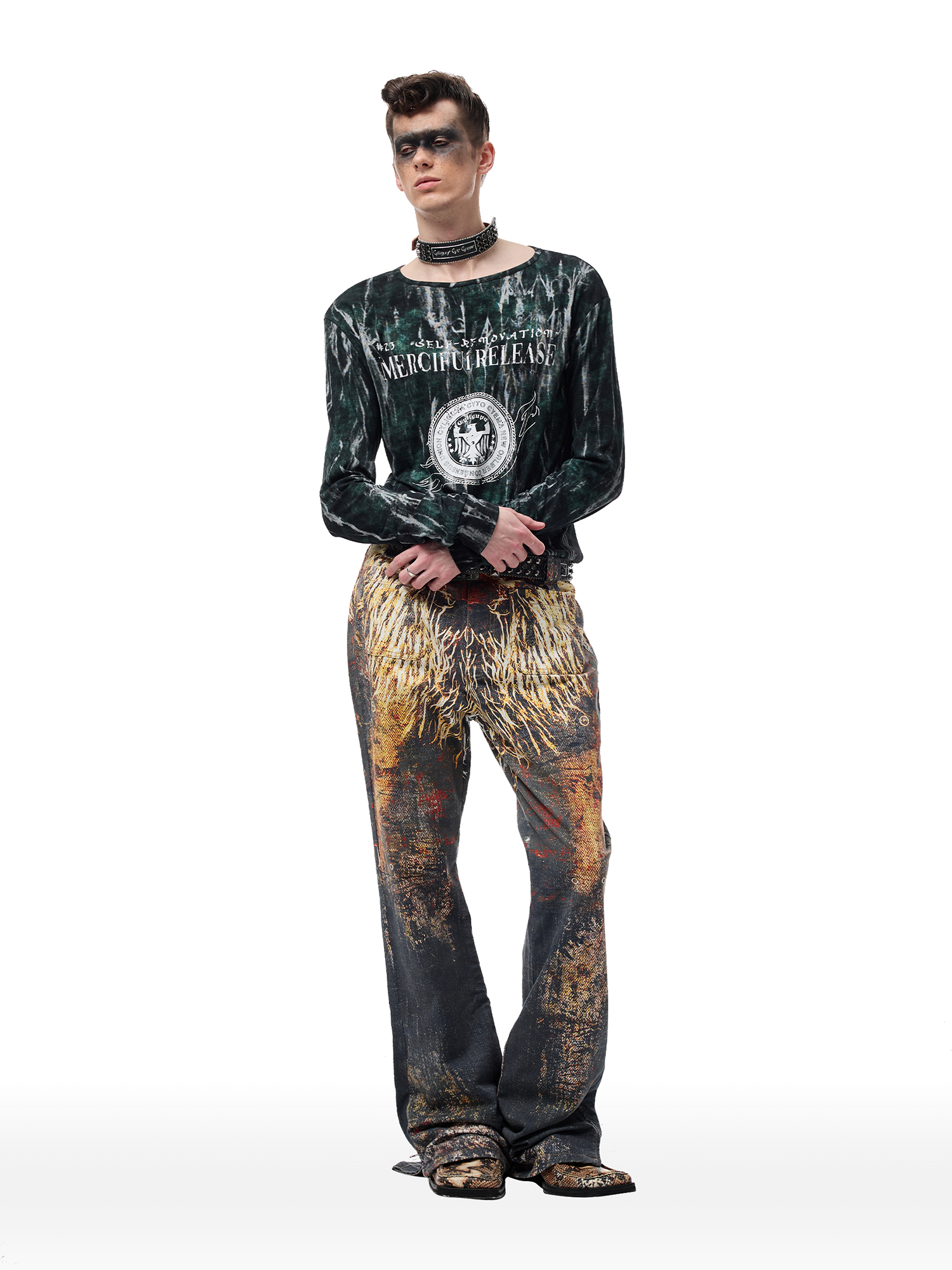 CYCYCY Feather Full-Print Slim Flared Jeans