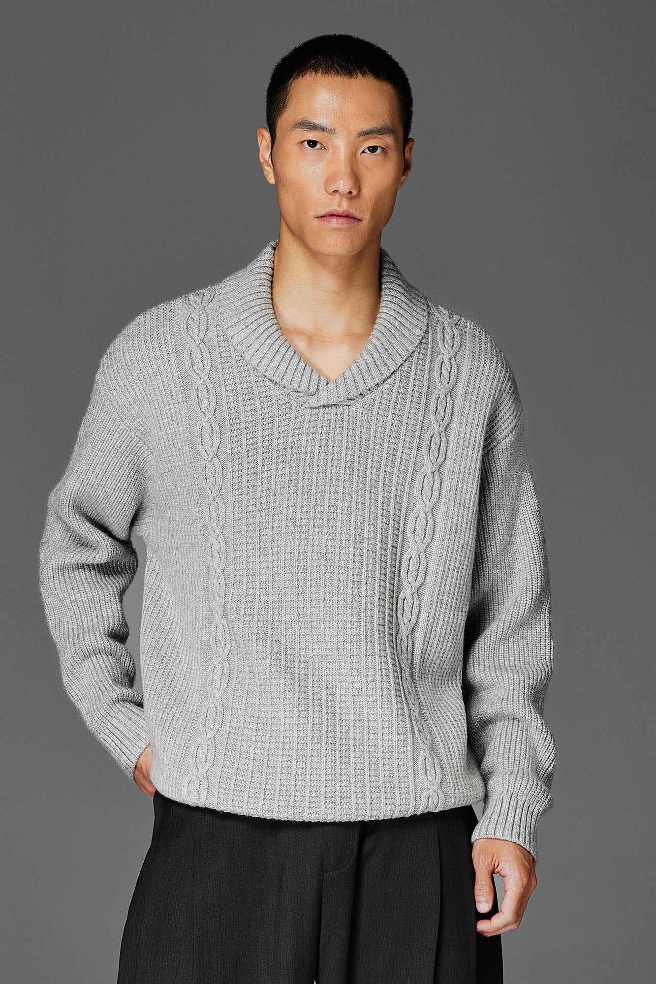 CATSSTAC Wool-Blend Shawl-Collar Cable Knit Sweater