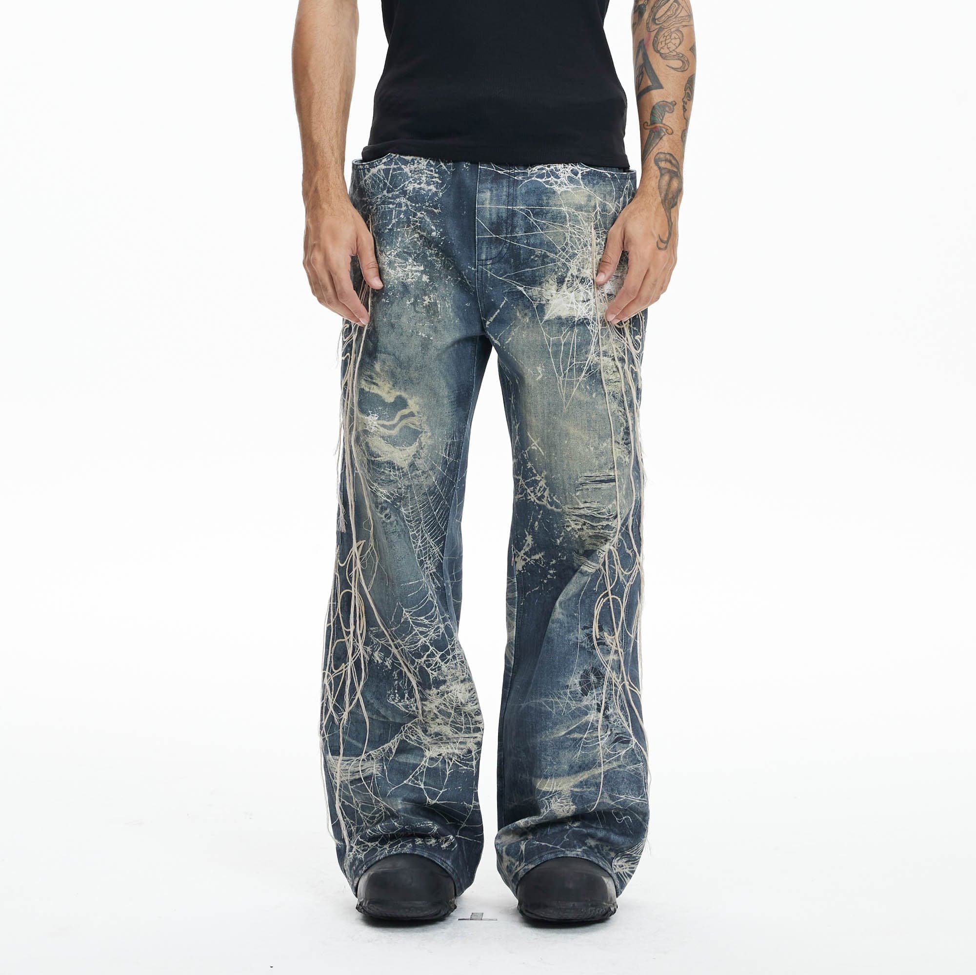 DND4DES Distressed Spider Web Embroidered Jeans, premium urban and streetwear designers apparel on PROJECTISR.com, DND4DES