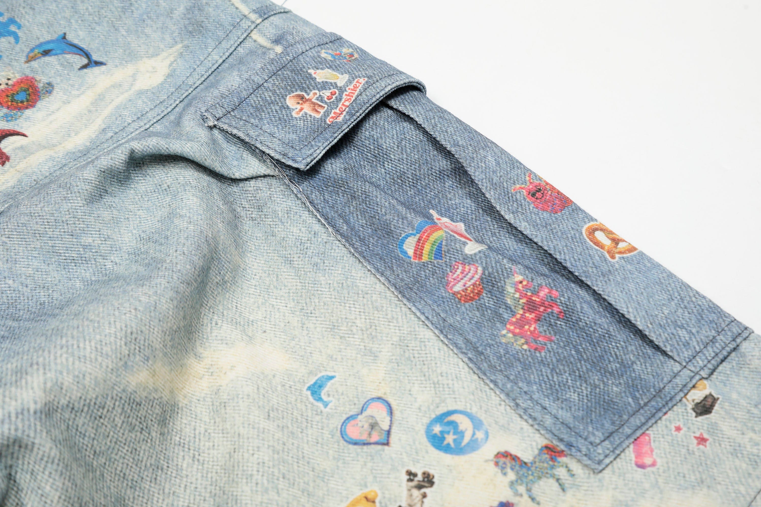 CLP Whimsical Distressed Stickers Cargo Denim Shorts, premium urban and streetwear designers apparel on PROJECTISR.com, CLP