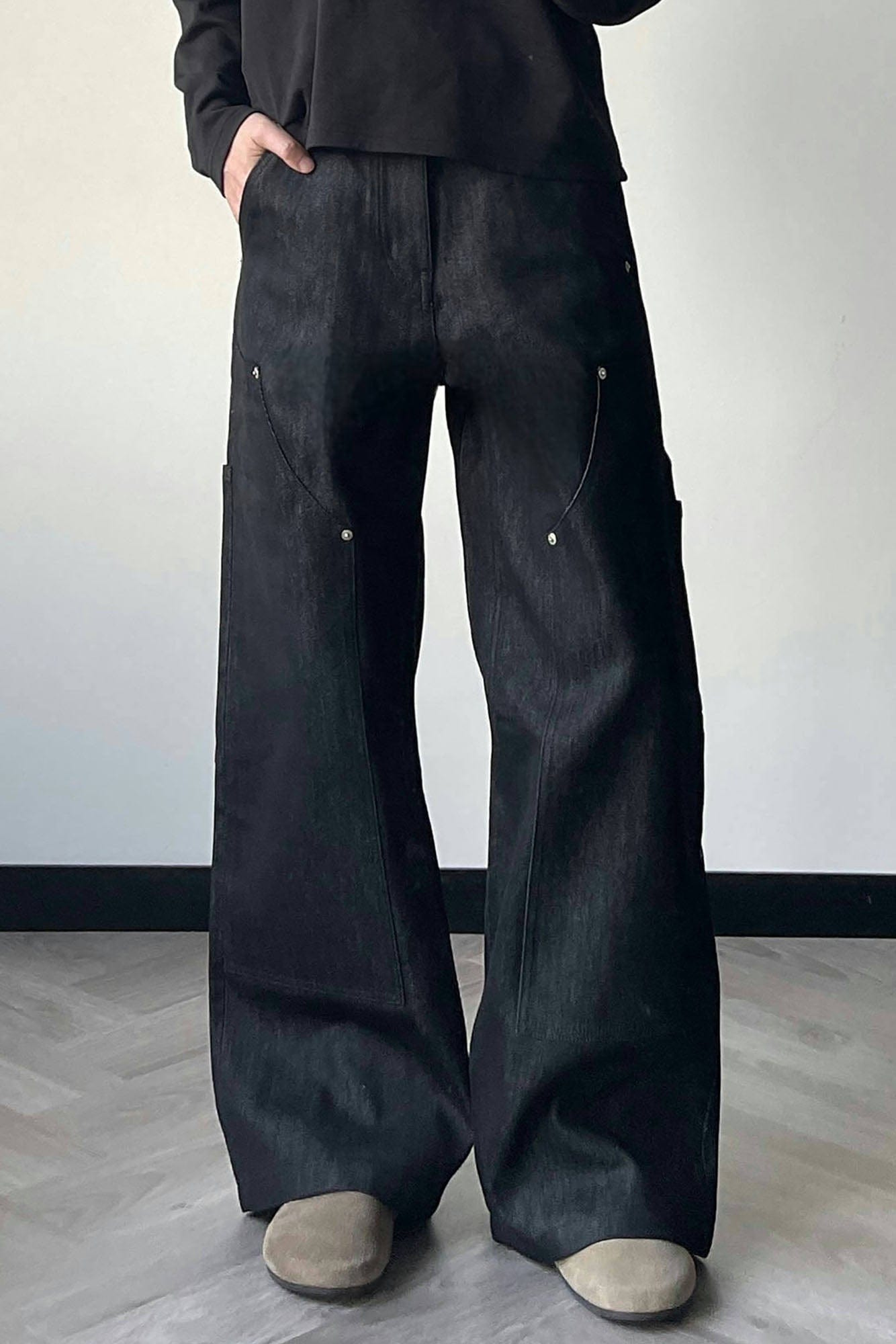 OKAYTHXBYE Paneled Double-Knee Wide-Leg Denim Pants, premium urban and streetwear designers apparel on PROJECTISR.com, OKAYTHXBYE