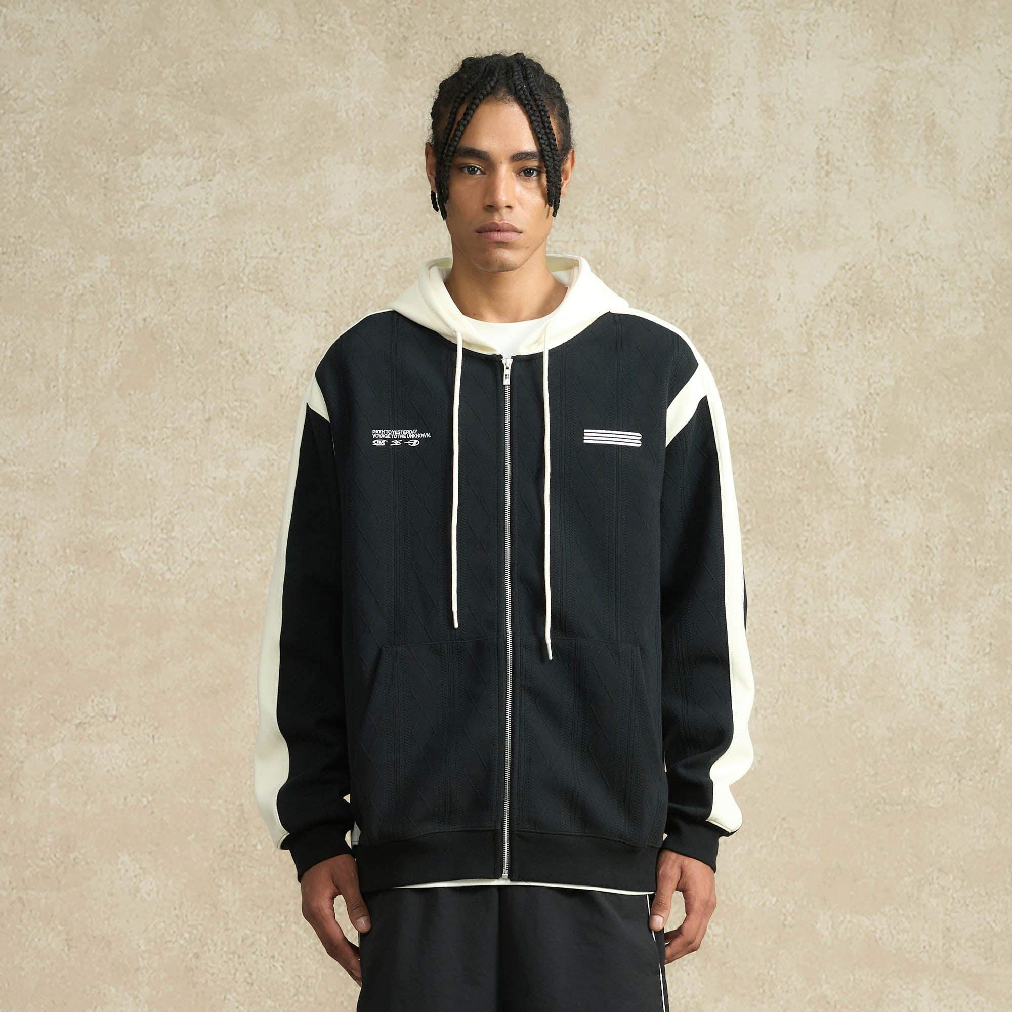 BONELESS Jacquard Contrast Paneled Hooded Jacket, premium urban and streetwear designers apparel on PROJECTISR.com, BONELESS