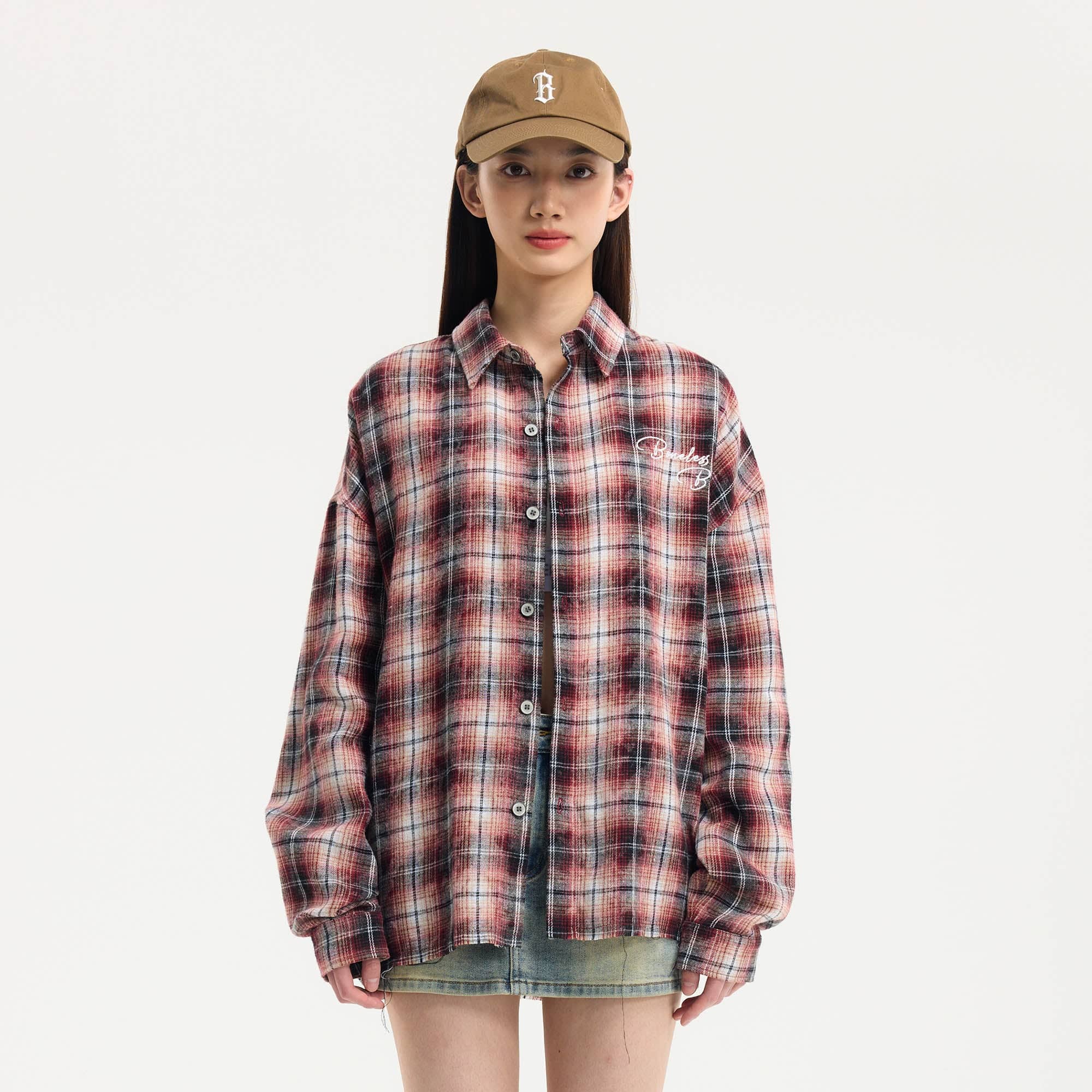 BONELESS Grunge Faded Check Band Patch Shirt, premium urban and streetwear designers apparel on PROJECTISR.com, BONELESS