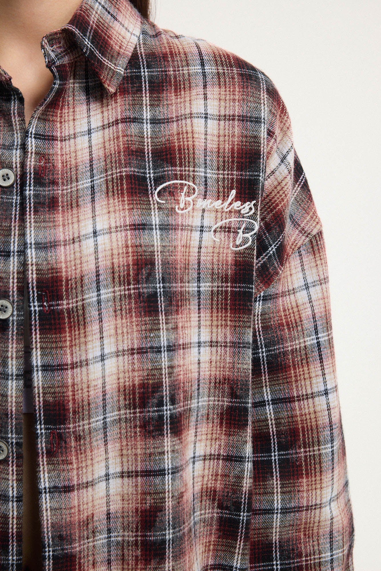 BONELESS Grunge Faded Check Band Patch Shirt, premium urban and streetwear designers apparel on PROJECTISR.com, BONELESS