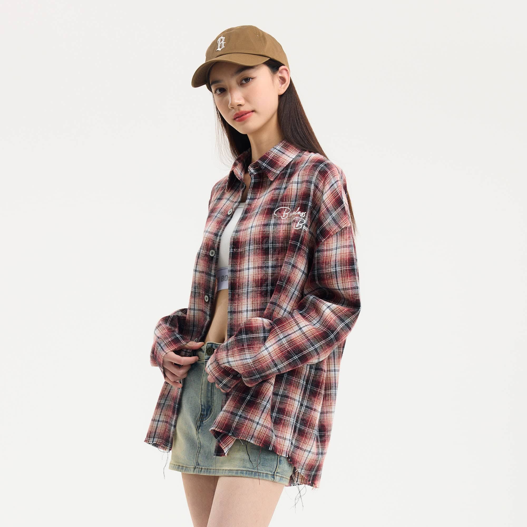 BONELESS Grunge Faded Check Band Patch Shirt, premium urban and streetwear designers apparel on PROJECTISR.com, BONELESS