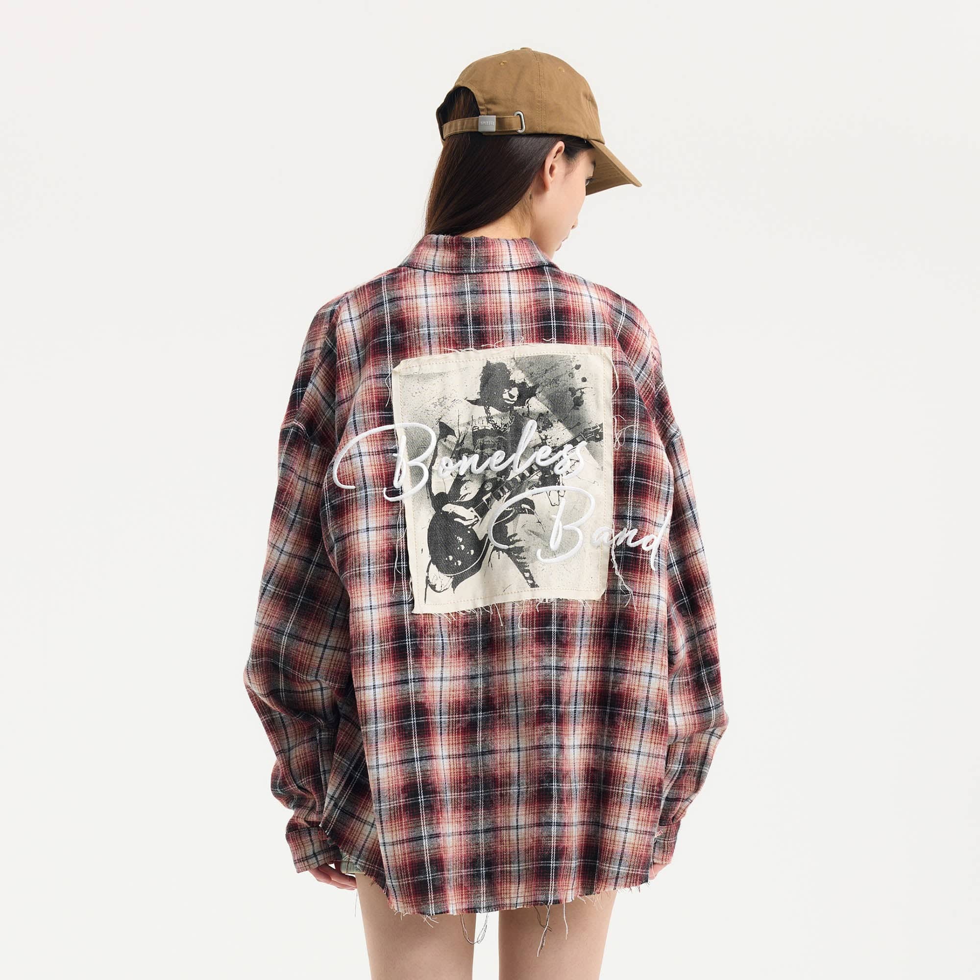 BONELESS Grunge Faded Check Band Patch Shirt, premium urban and streetwear designers apparel on PROJECTISR.com, BONELESS
