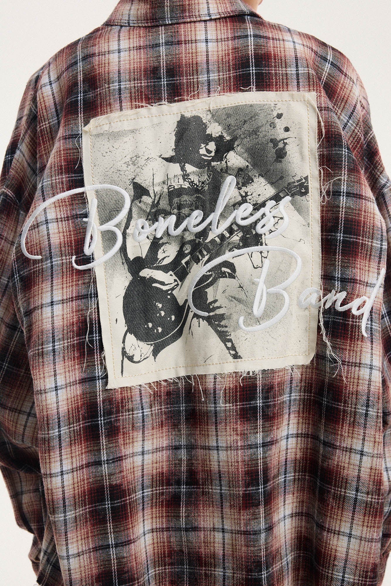 BONELESS Grunge Faded Check Band Patch Shirt, premium urban and streetwear designers apparel on PROJECTISR.com, BONELESS