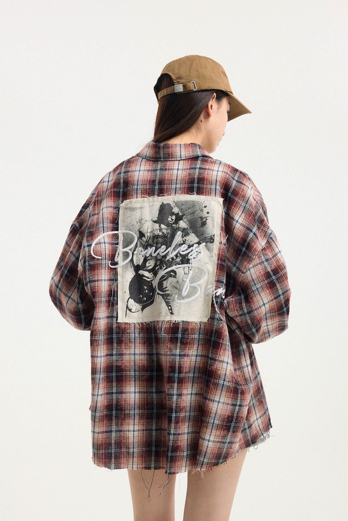 BONELESS Grunge Faded Check Band Patch Shirt, premium urban and streetwear designers apparel on PROJECTISR.com, BONELESS