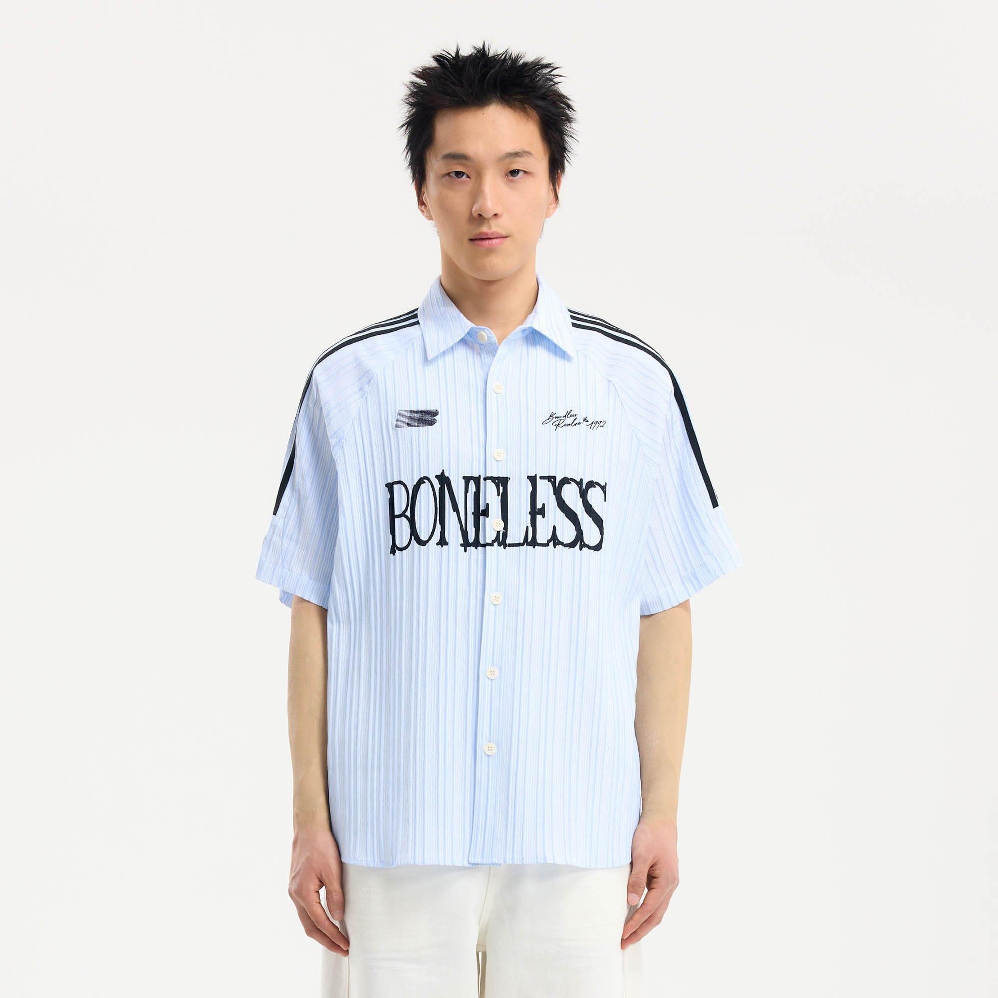 BONELESS Pinstriped Seersucker Raglan Half Shirt, premium urban and streetwear designers apparel on PROJECTISR.com, BONELESS