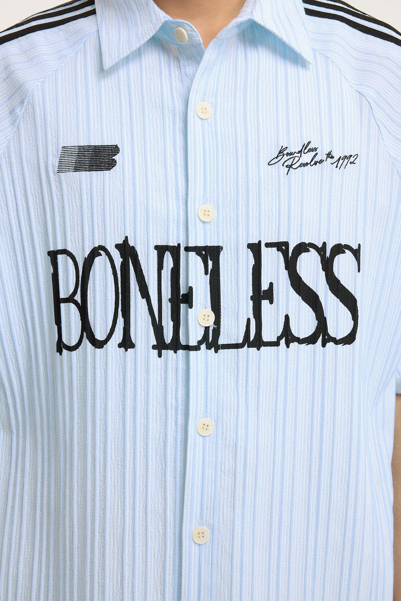 BONELESS Pinstriped Seersucker Raglan Half Shirt, premium urban and streetwear designers apparel on PROJECTISR.com, BONELESS
