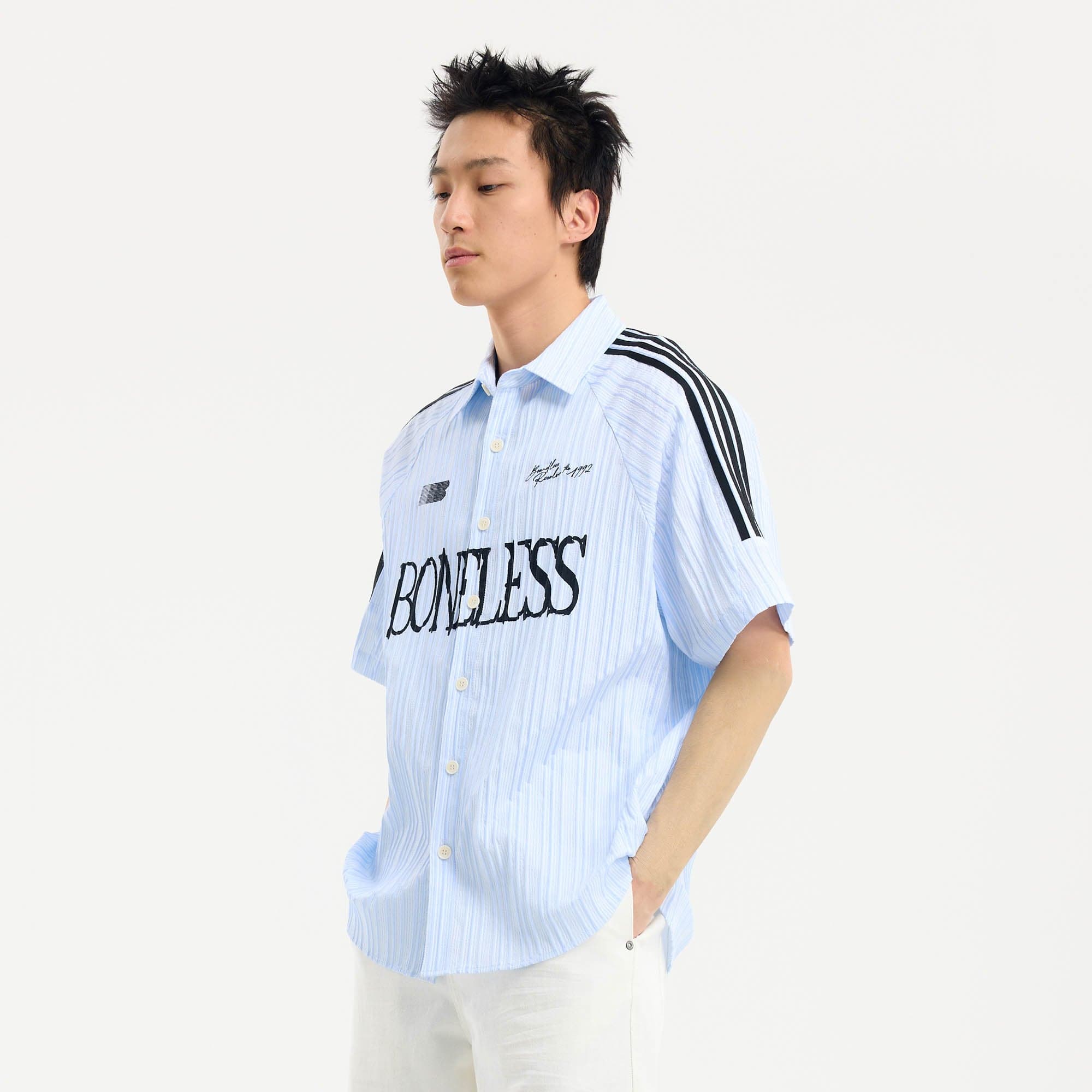BONELESS Pinstriped Seersucker Raglan Half Shirt, premium urban and streetwear designers apparel on PROJECTISR.com, BONELESS