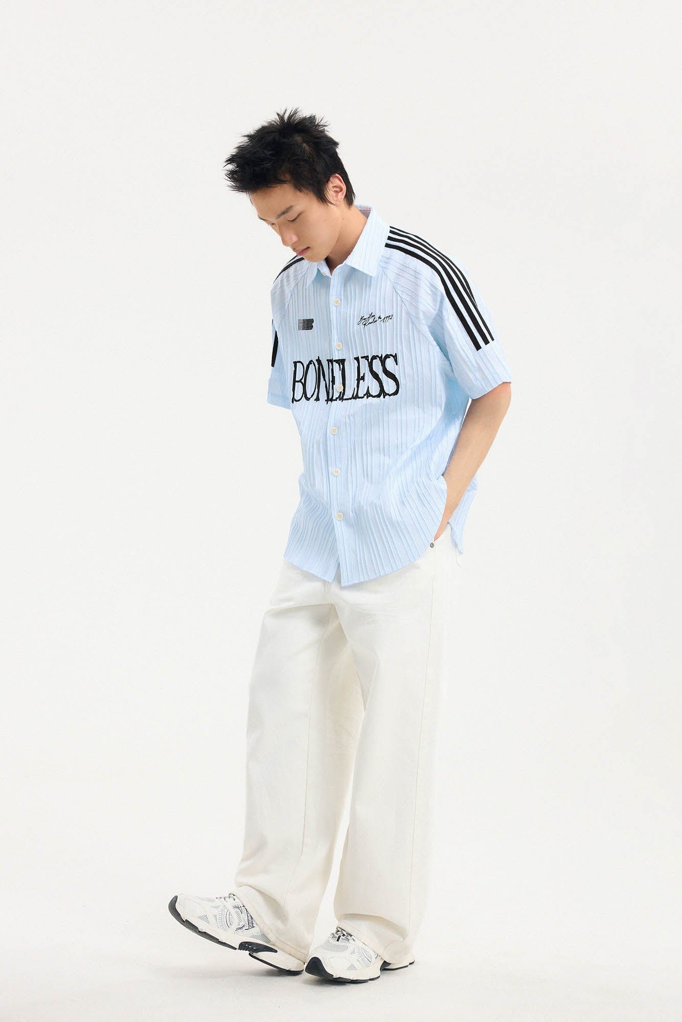 BONELESS Pinstriped Seersucker Raglan Half Shirt, premium urban and streetwear designers apparel on PROJECTISR.com, BONELESS